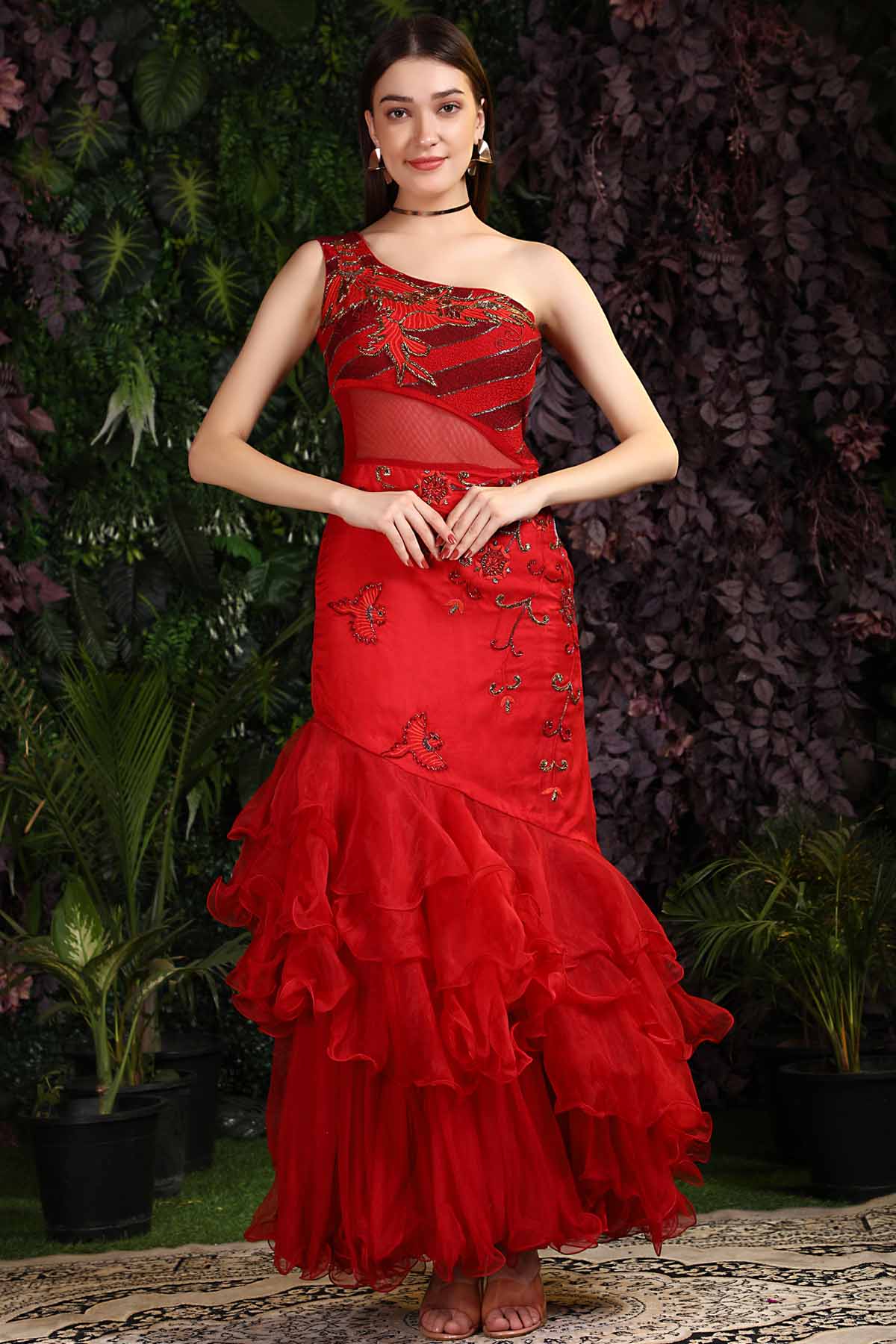 Embroidered Ruffle Drape Gown