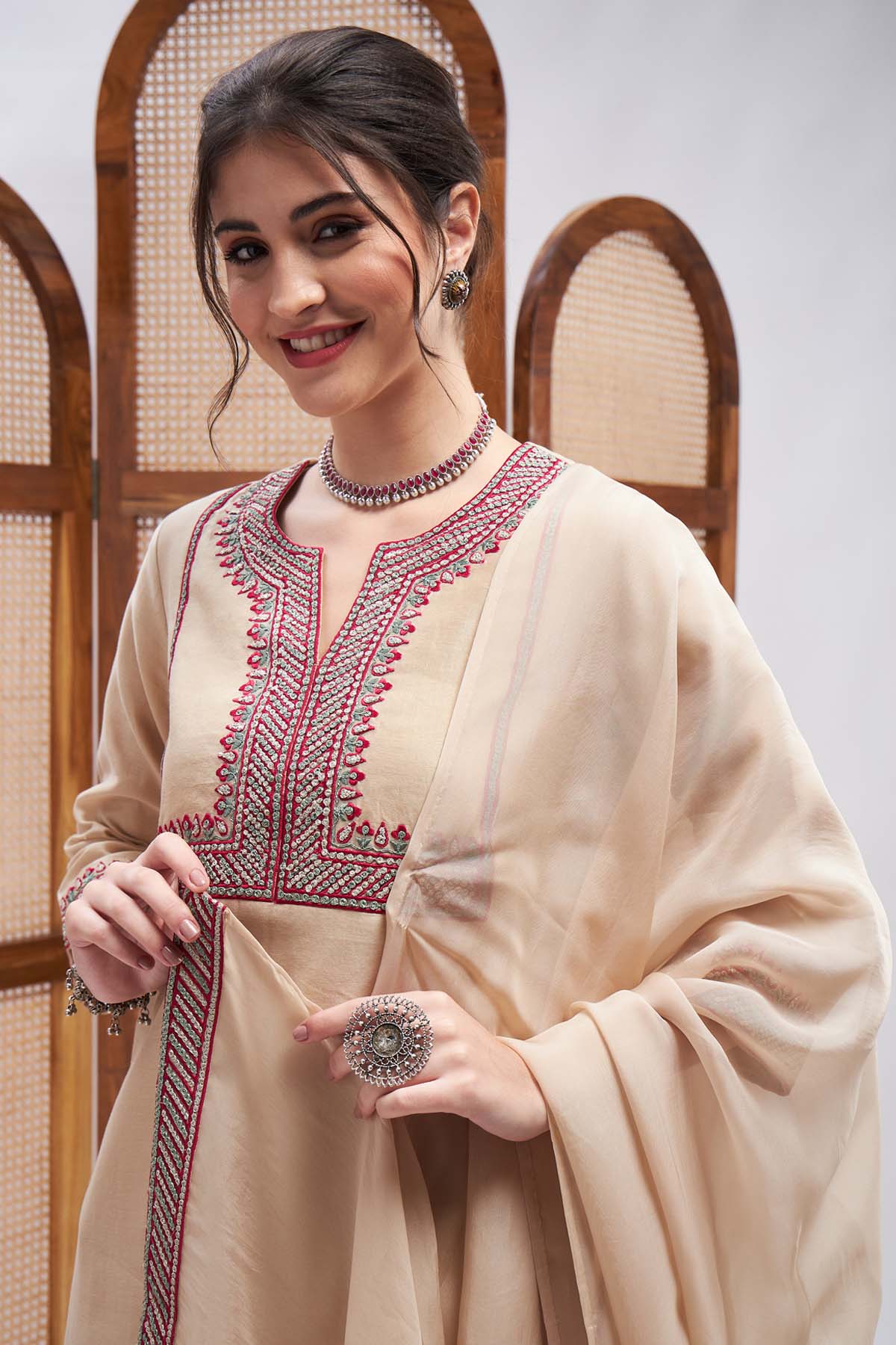 Sand Zari Embroidered Kurta Set