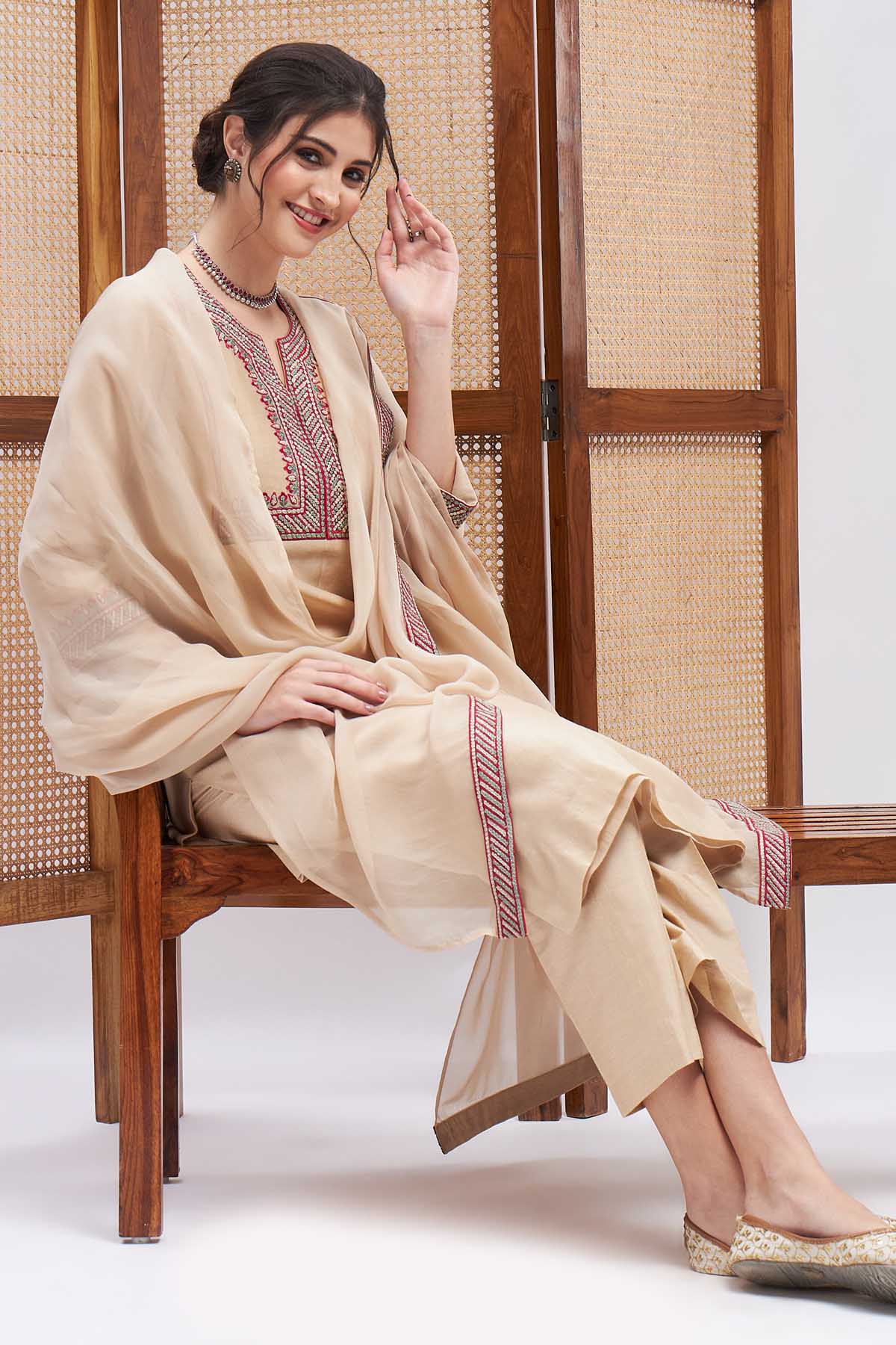Sand Zari Embroidered Kurta Set