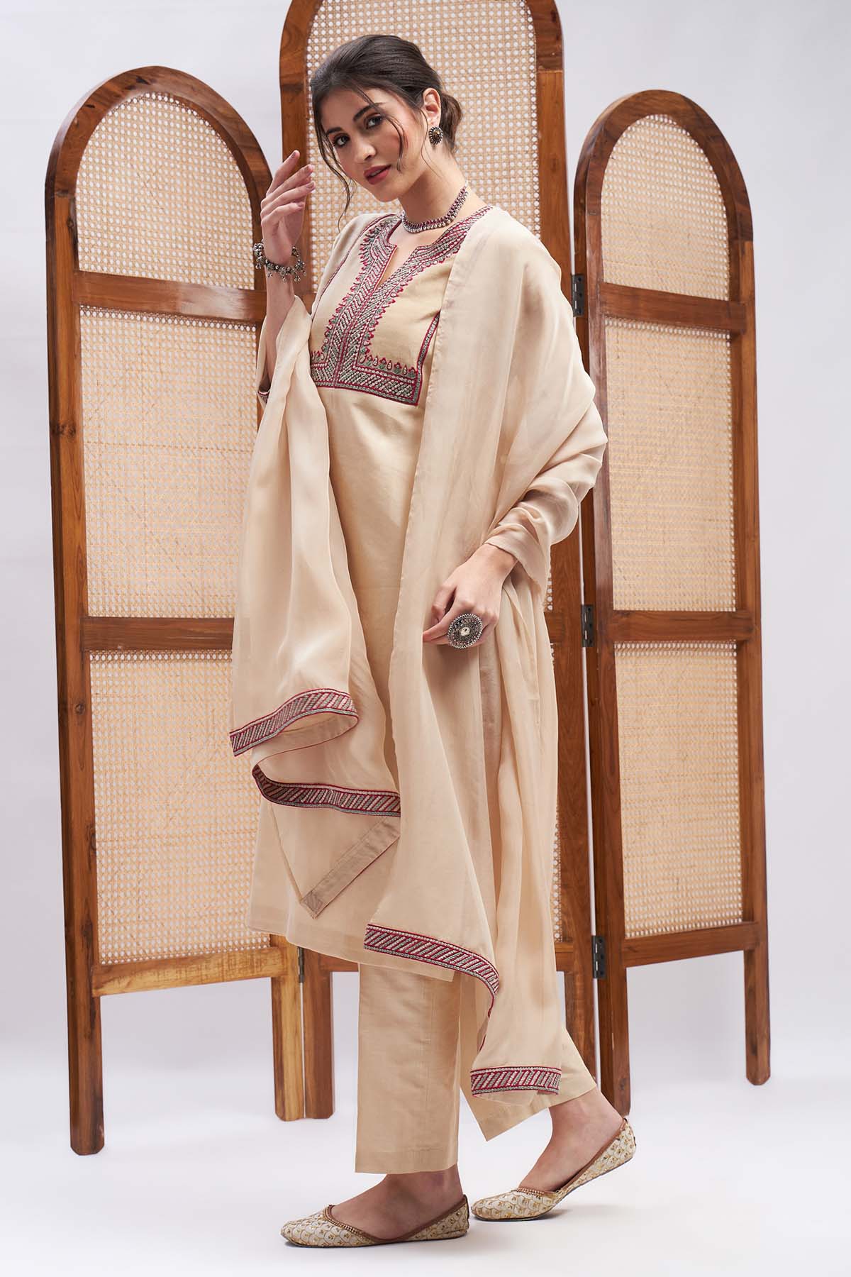 Sand Zari Embroidered Kurta Set