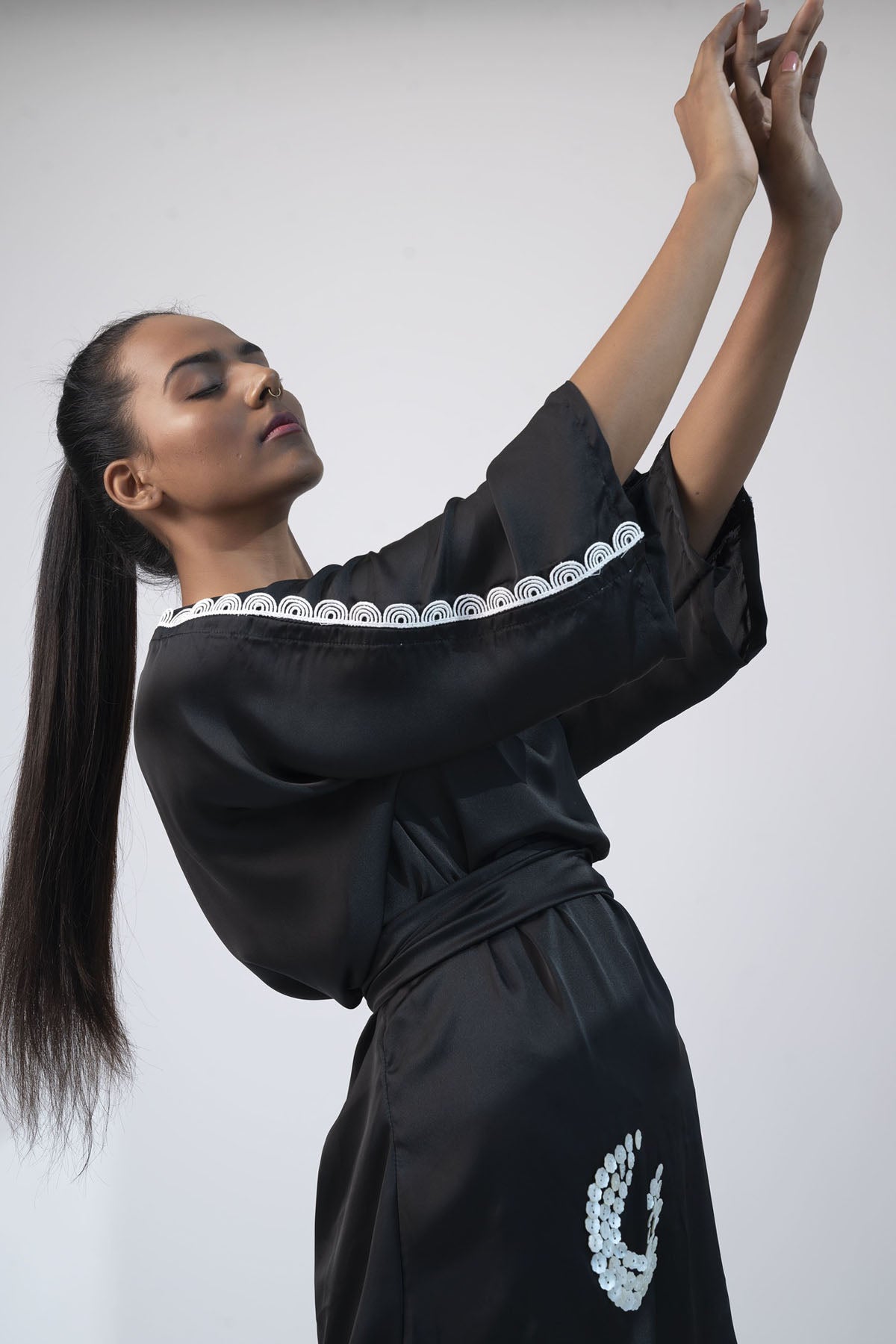 Embroidered Satin Kimono Dress