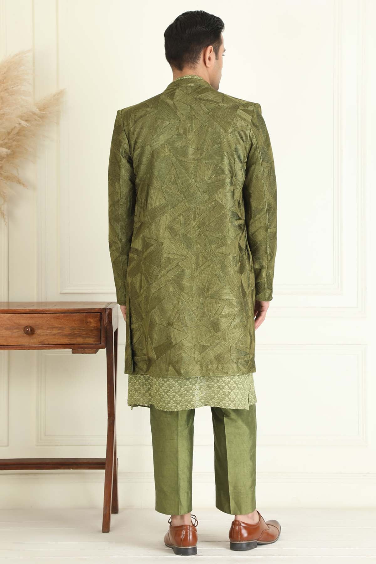 Olive Embroidered Sherwani Set