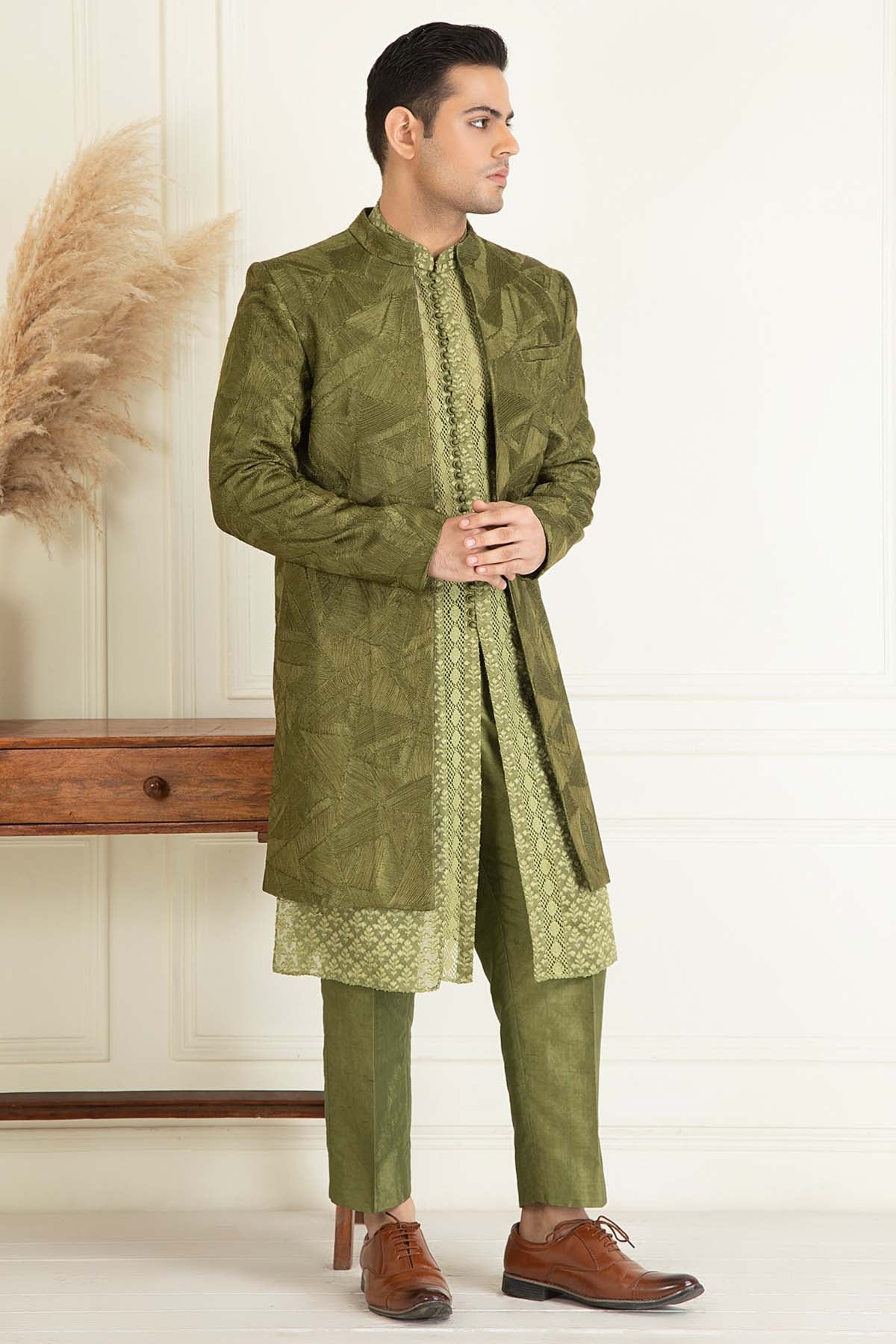 Olive Embroidered Sherwani Set