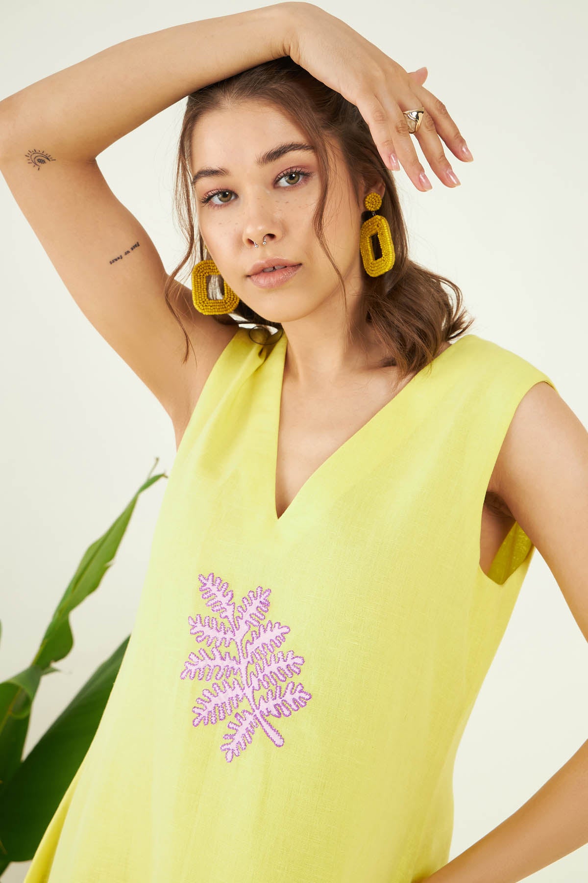 Embroidered Yellow Linen Dress