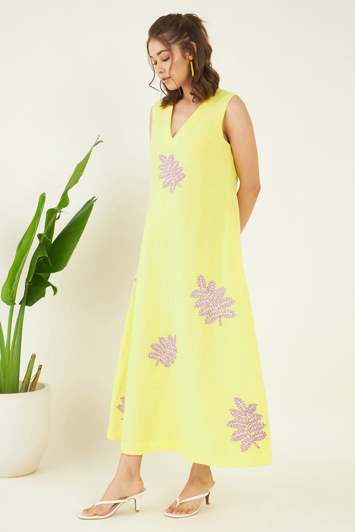 Embroidered Yellow Linen Dress