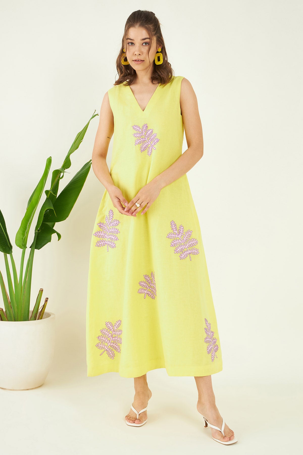 Embroidered Yellow Linen Dress