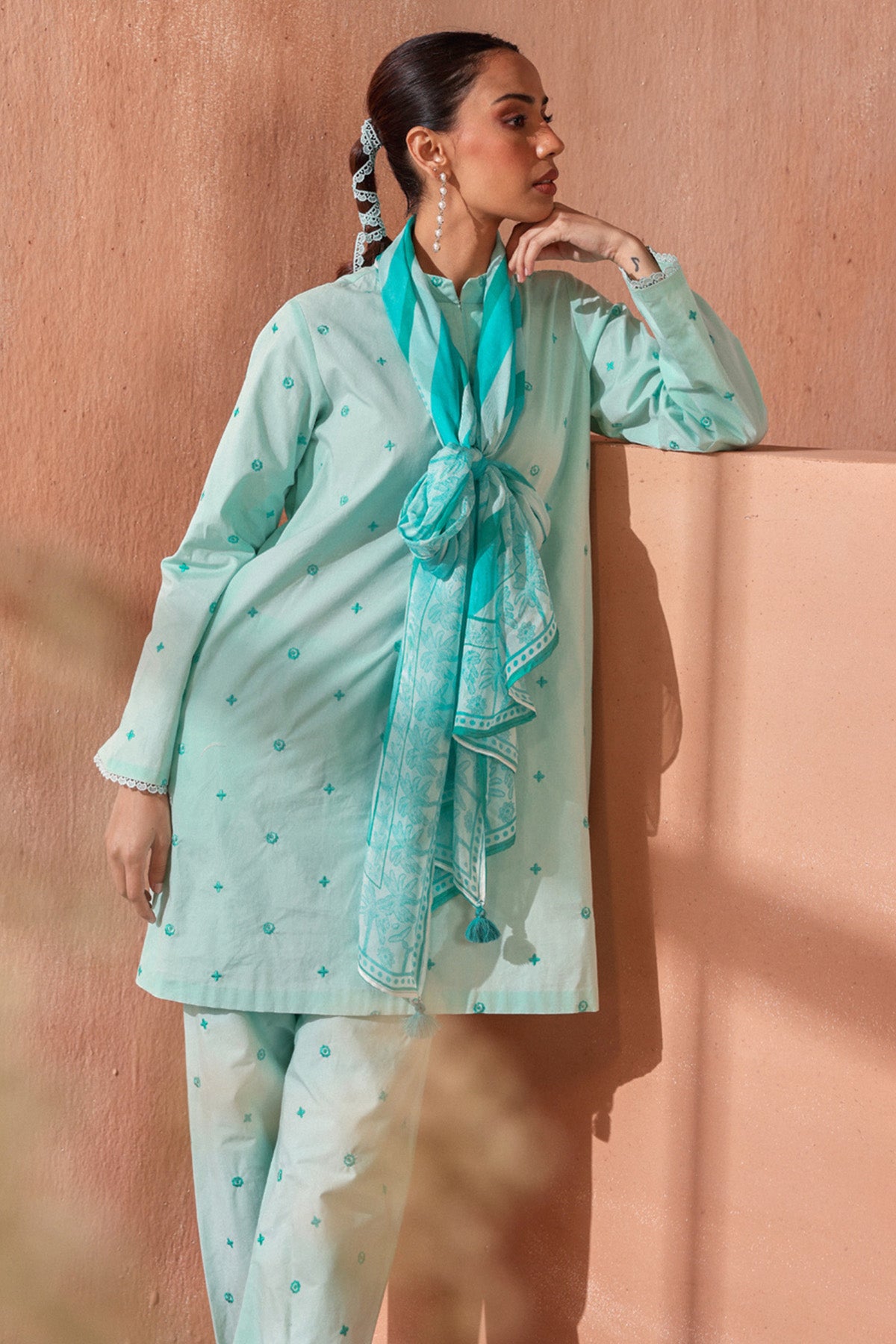 Embroidered Aqua Kurta & Pants