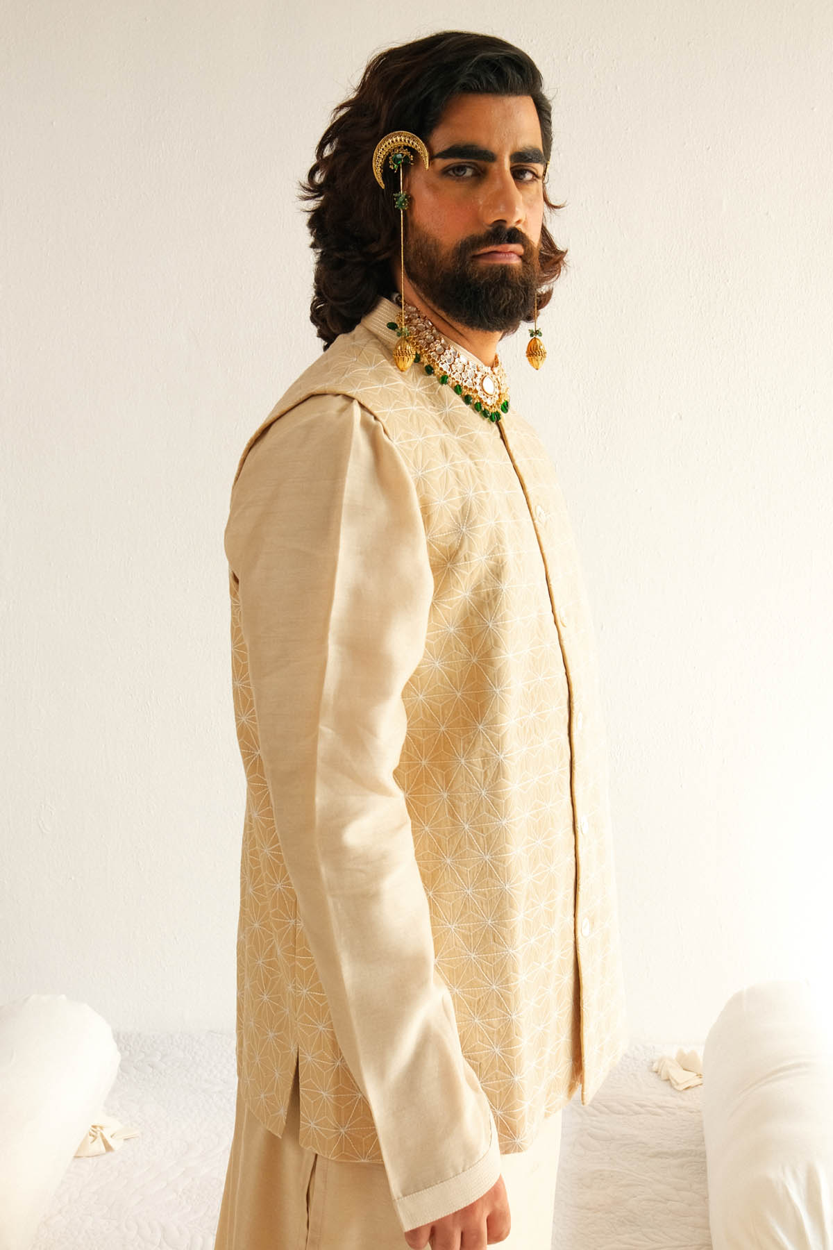 Embroidered Beige Bundi Set