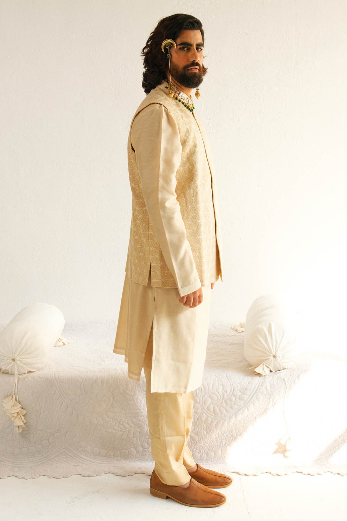 Embroidered Beige Bundi Set