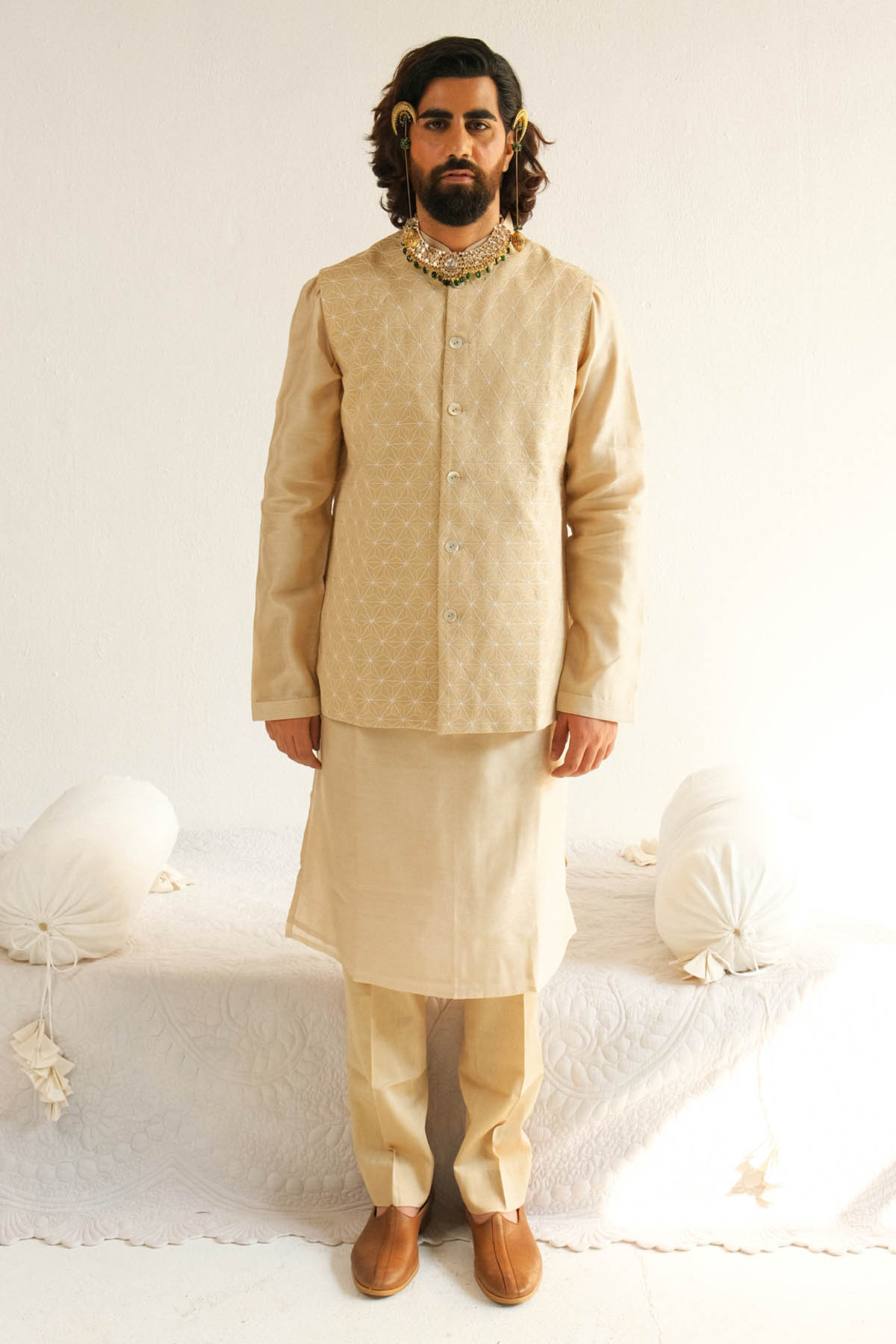 WABI SABI Embroidered Beige Bundi Set for men online at ScrollnShops