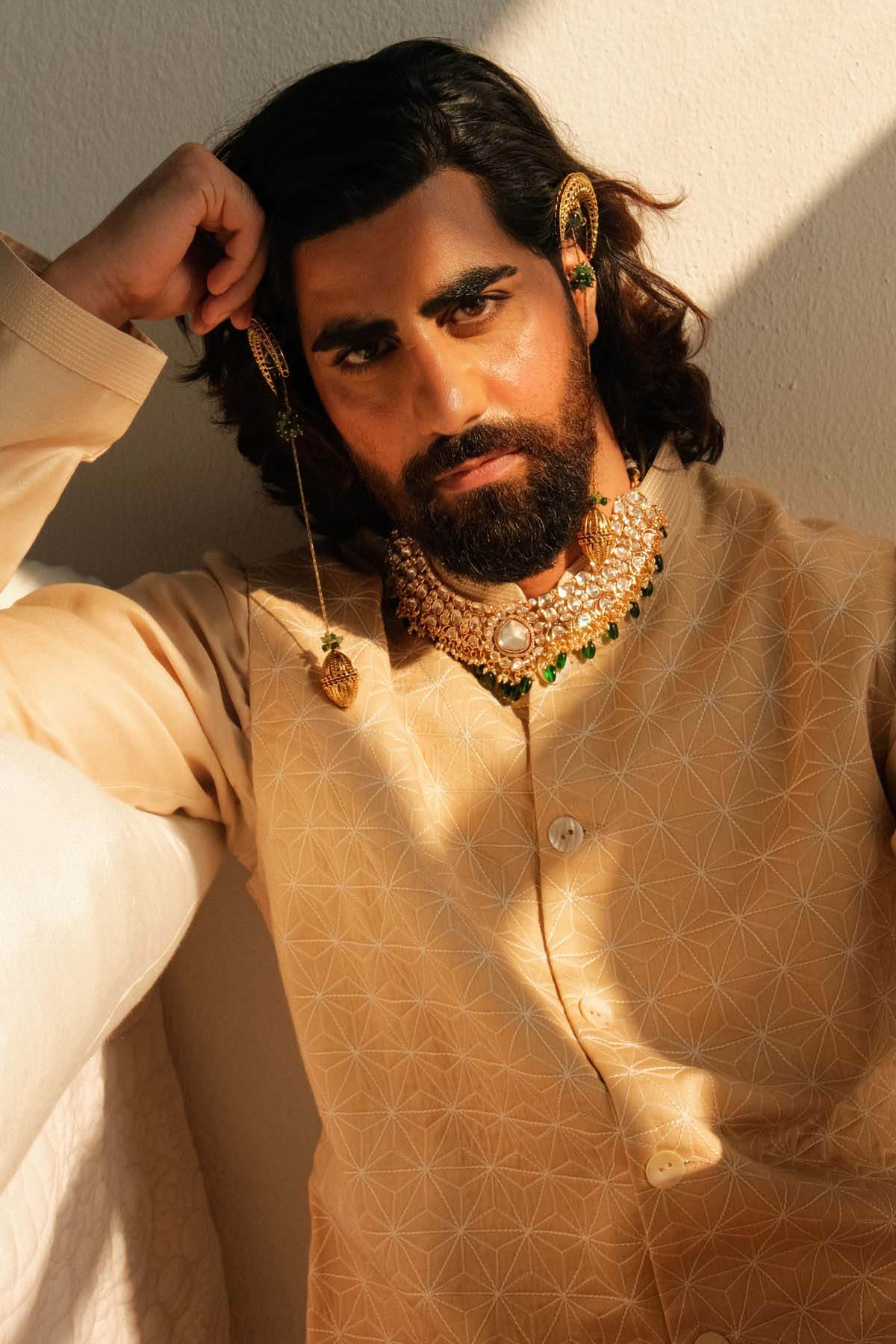 Embroidered Beige Bundi Set