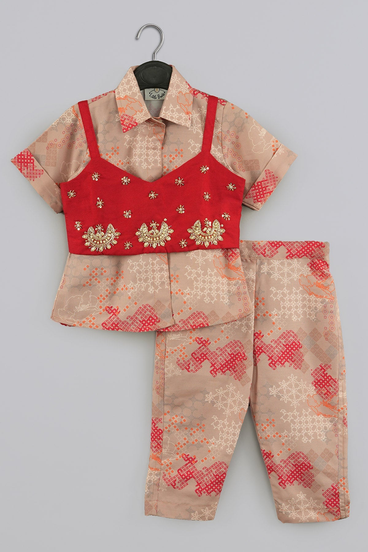 Buy Embroidered Beige Fusion Set for Kids by Little Brats Designer online available at scrollnshops