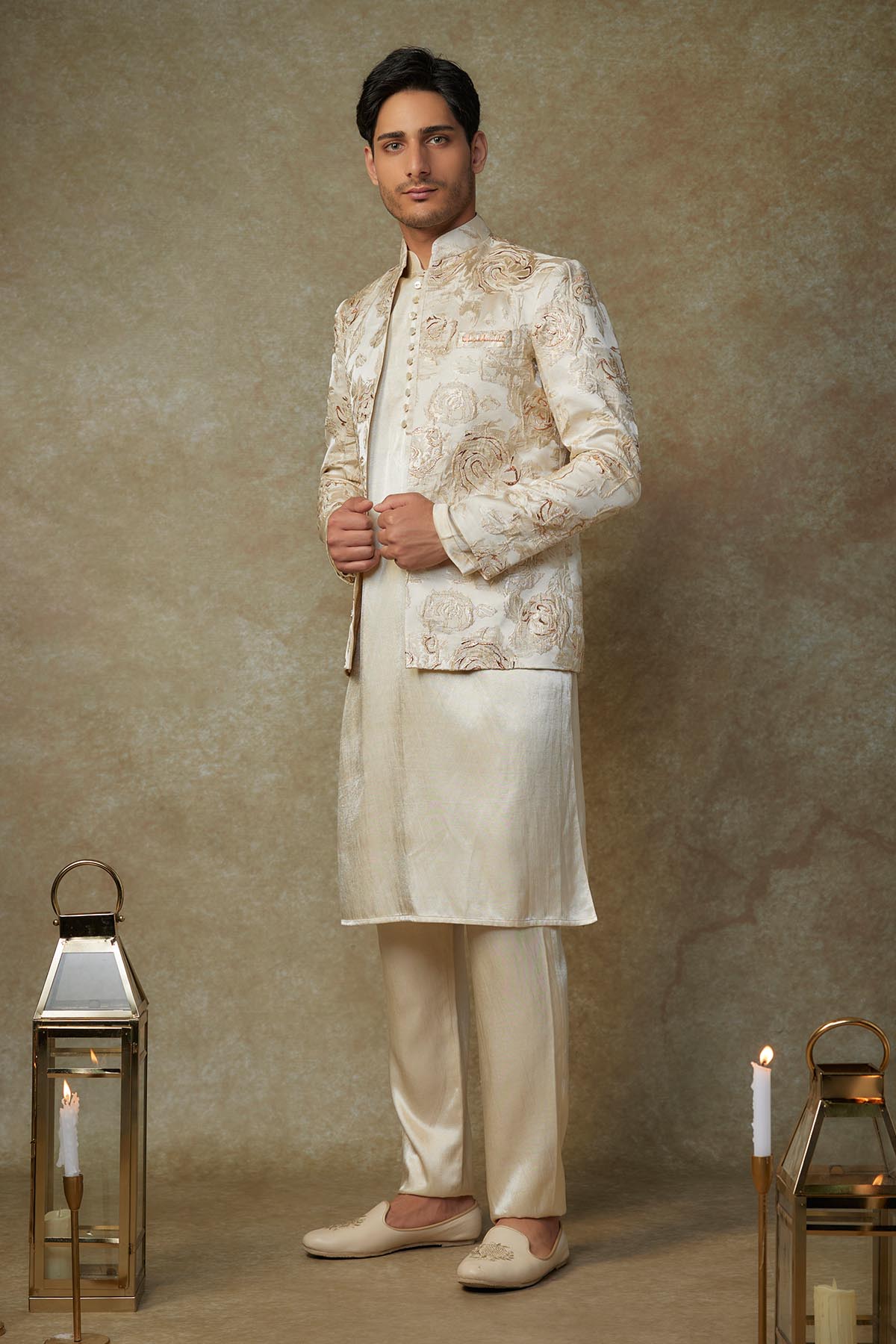 Embroidered Beige Jacket Set