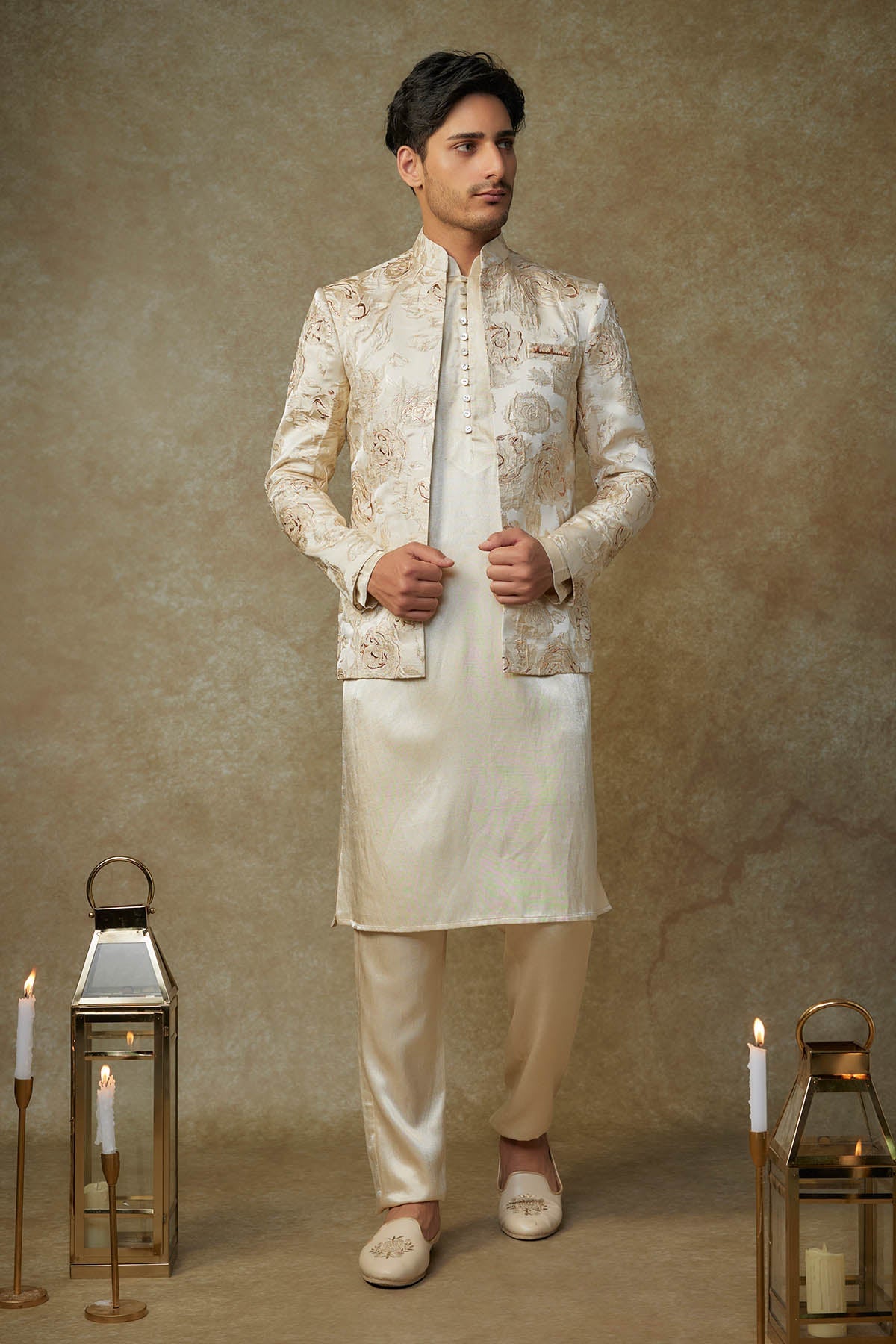 Buy Embroidered Beige Jacket Set by Masumi Mewawalla for men online at ScrollnShops