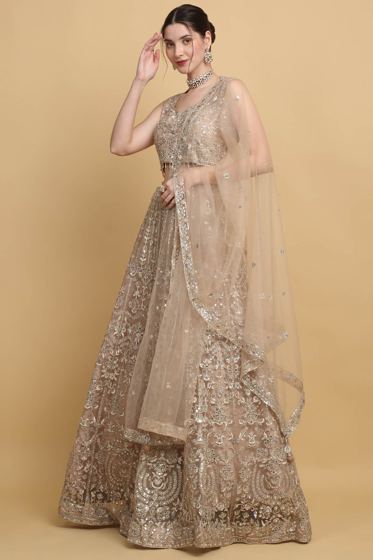 Embroidered Beige Lehenga Set