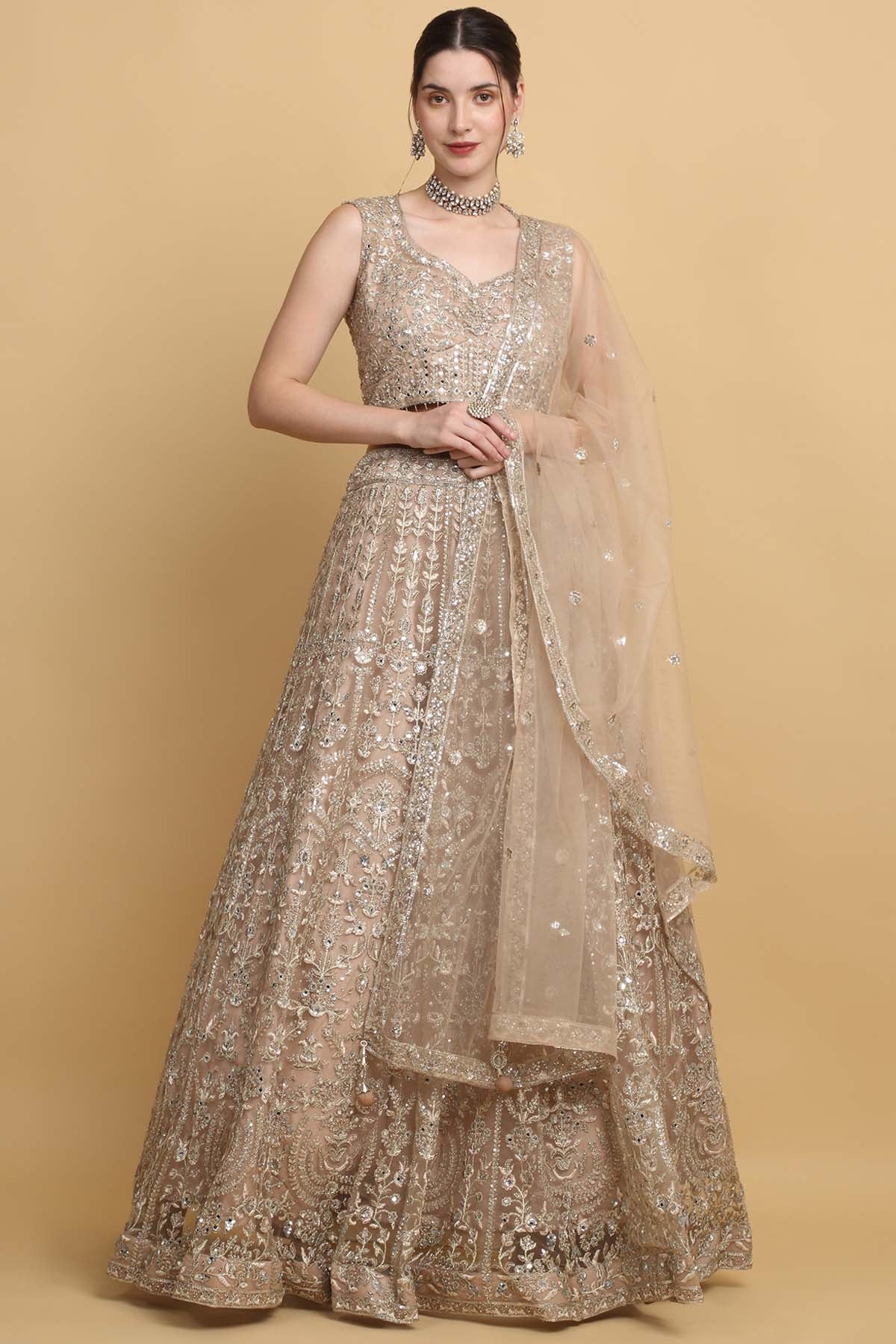 Aham Vayam Embroidered Beige Lehenga Set for women online at ScrollnShops