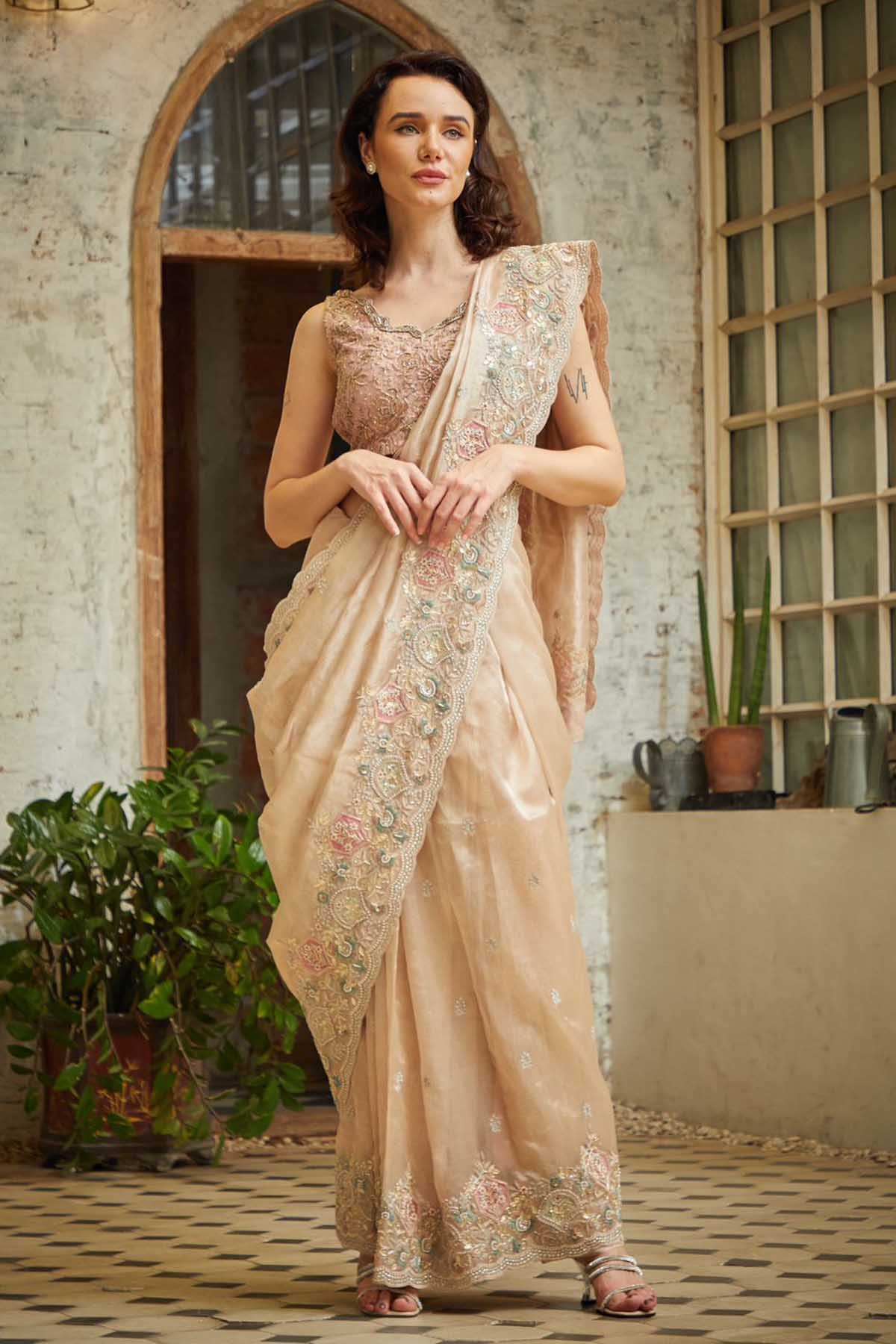Embroidered Beige Saree