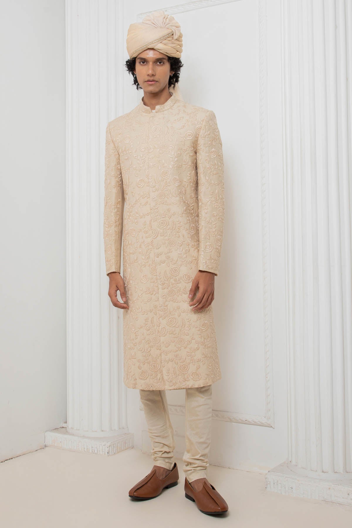 Darshika Menswear Embroidered Beige Sherwani Set for men online at ScrollnShops
