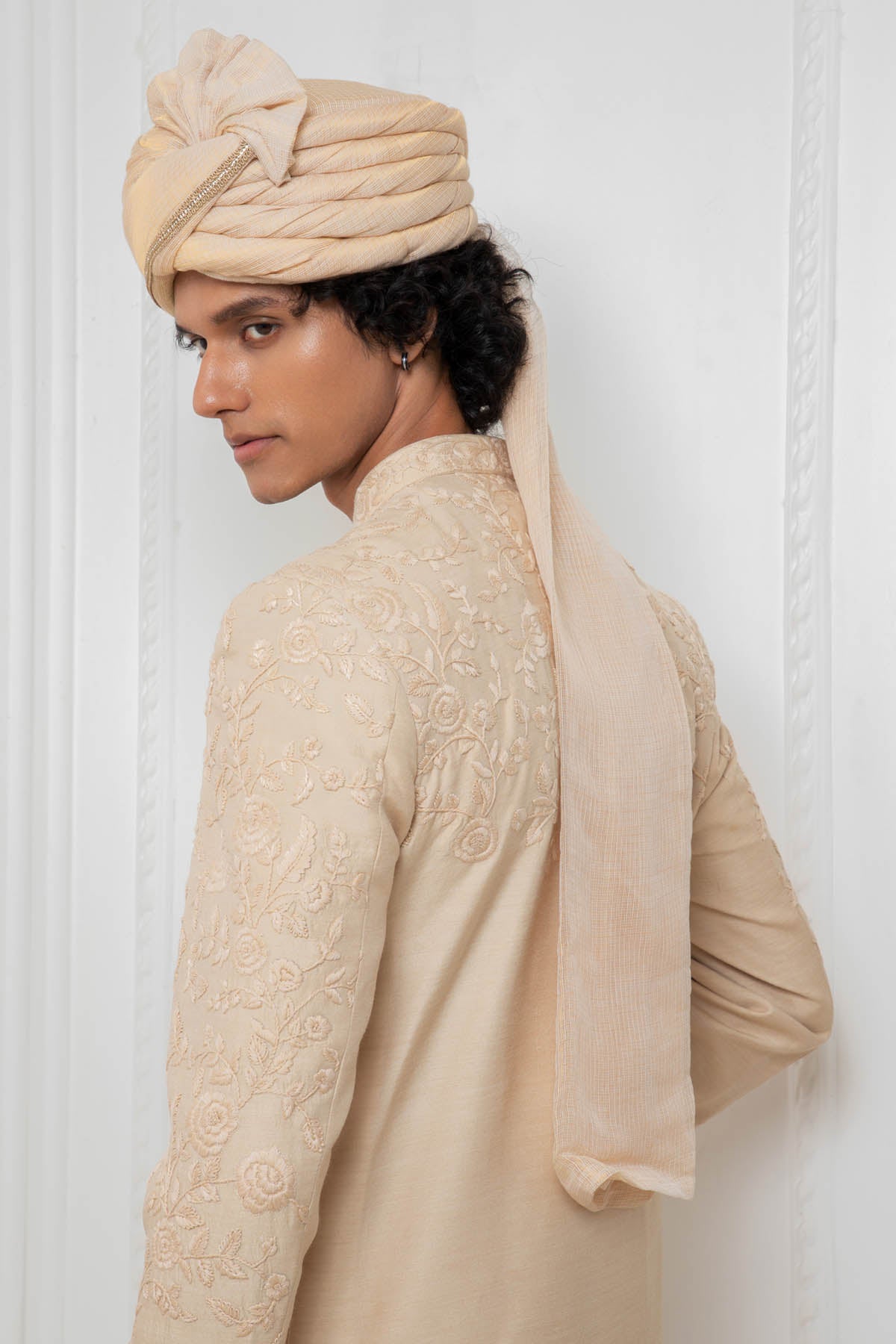 Embroidered Beige Sherwani Set