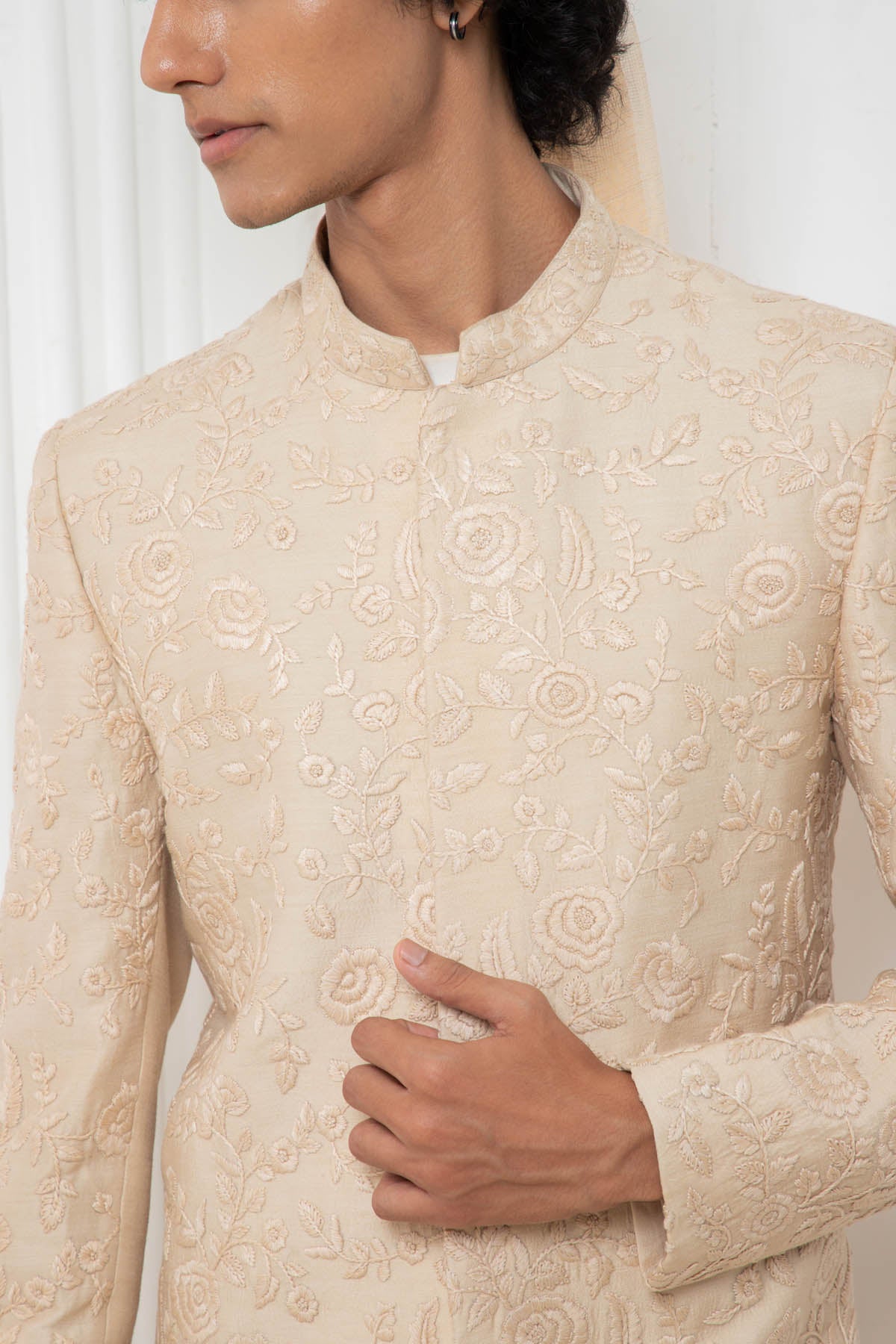 Embroidered Beige Sherwani Set