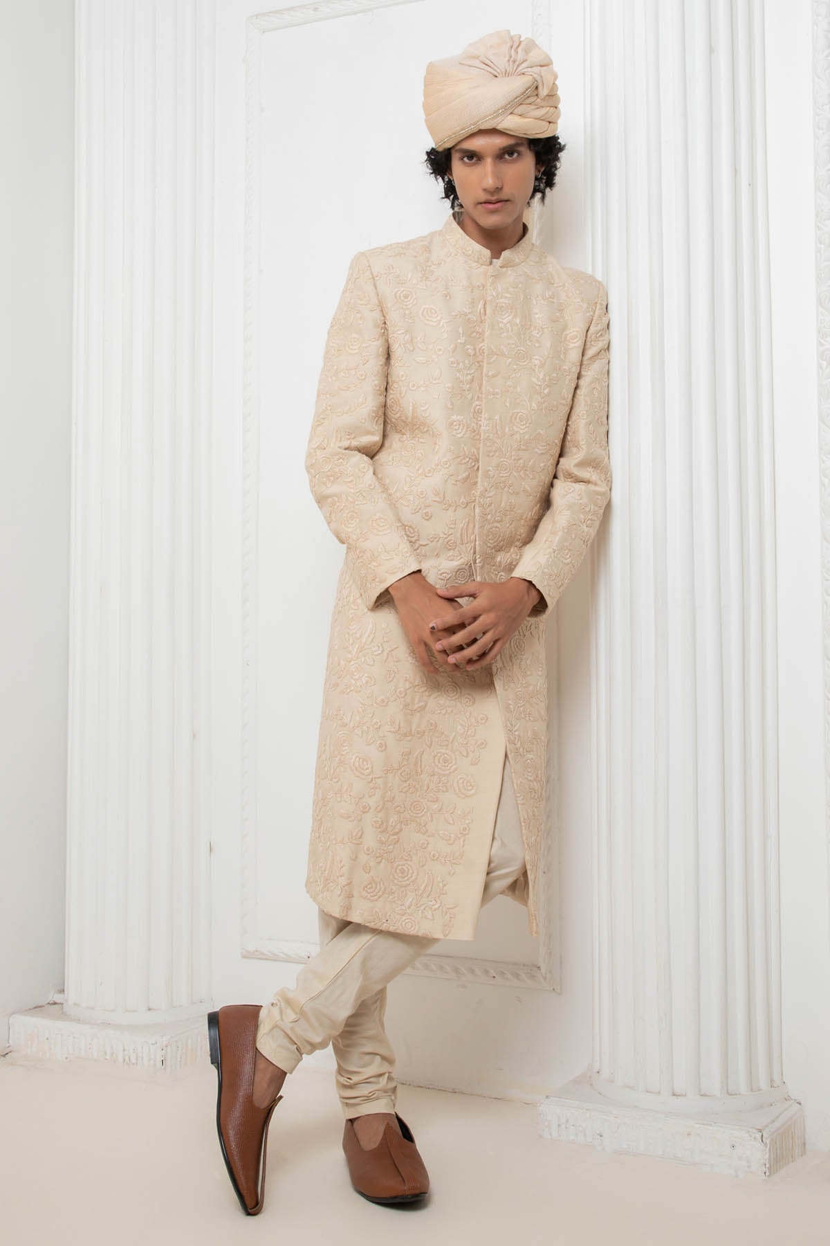 Buy Embroidered Beige Sherwani Set Online