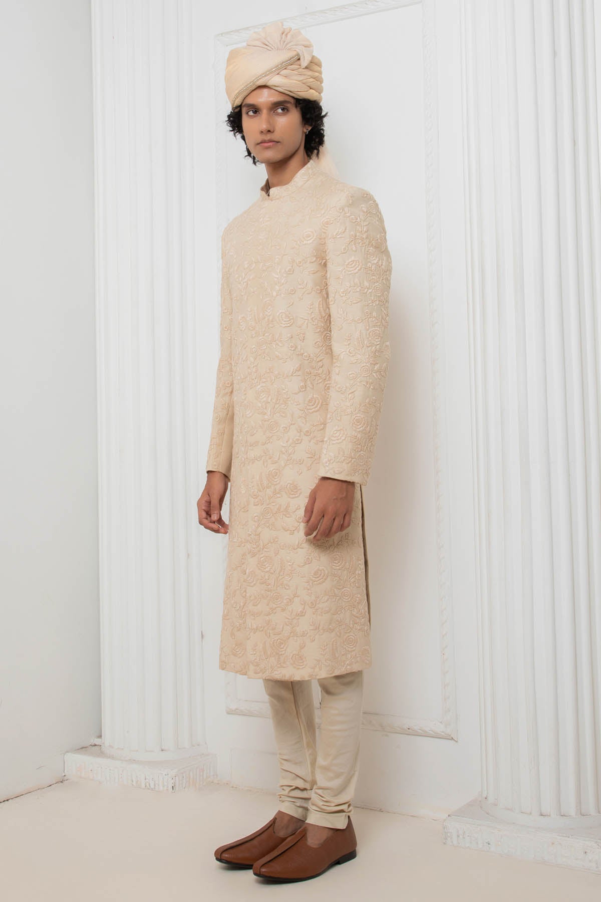 Embroidered Beige Sherwani Set