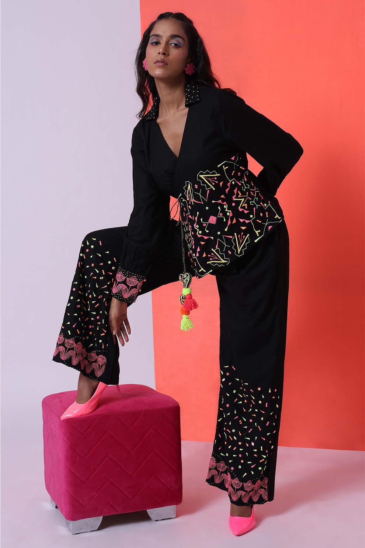 Embroidered Black Top & Trousers