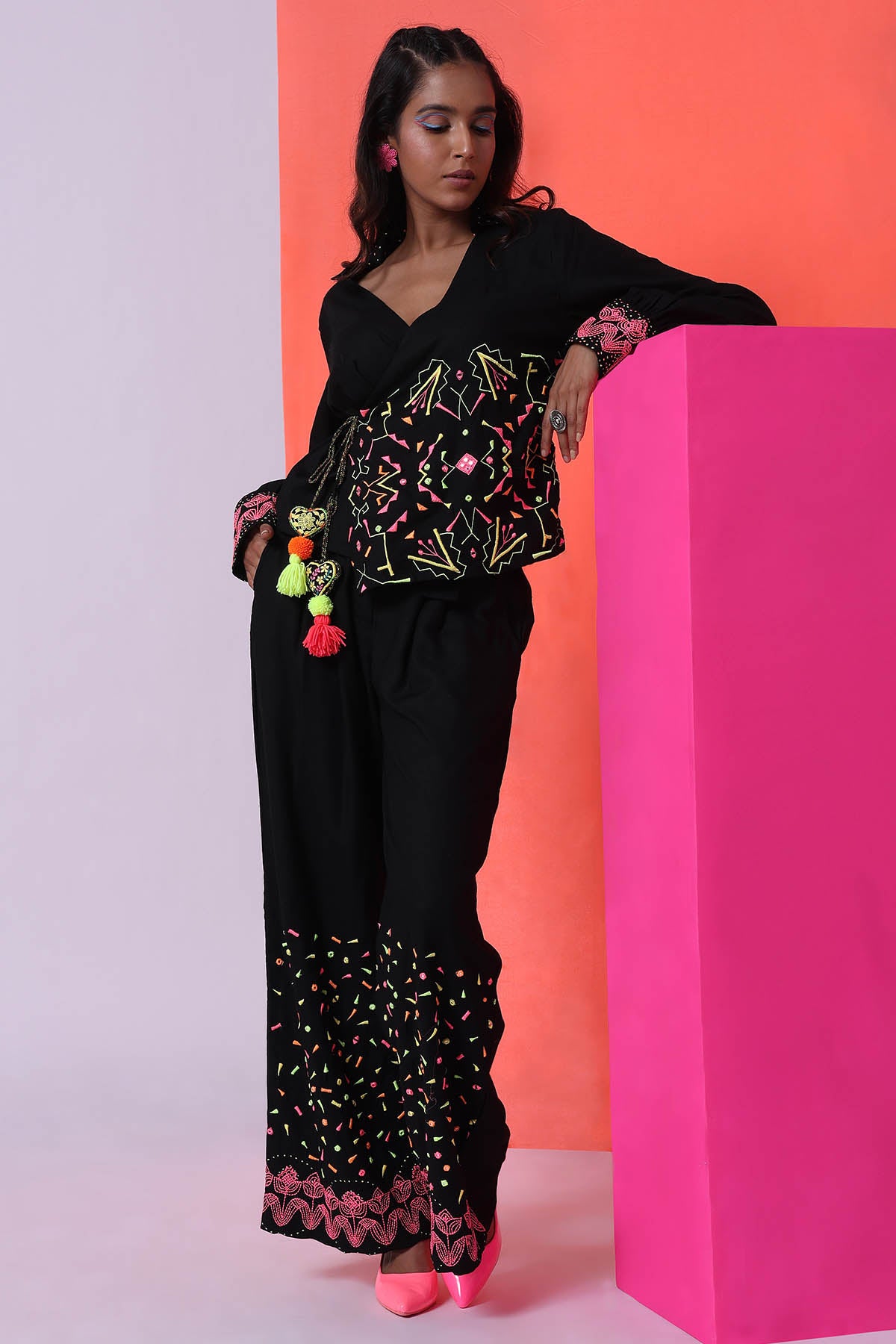 Embroidered Black Top & Trousers