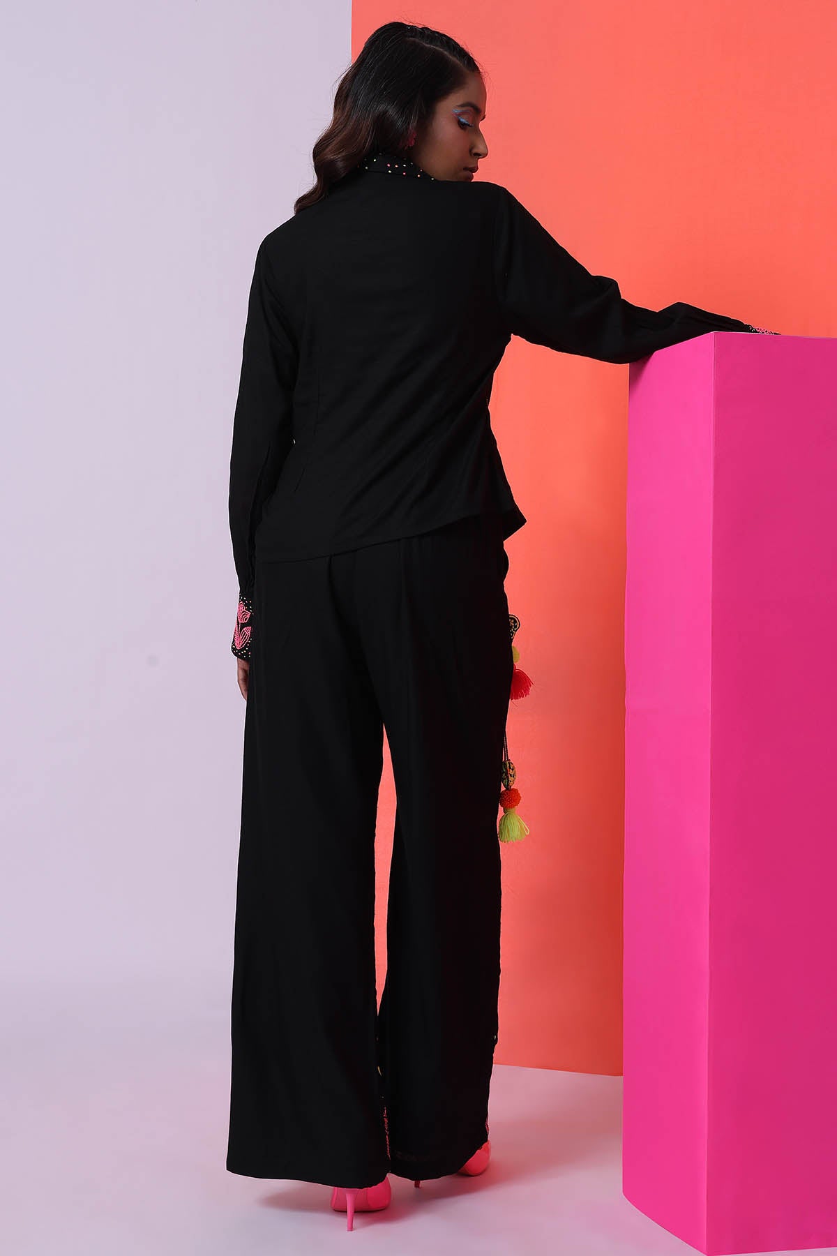 Embroidered Black Top & Trousers