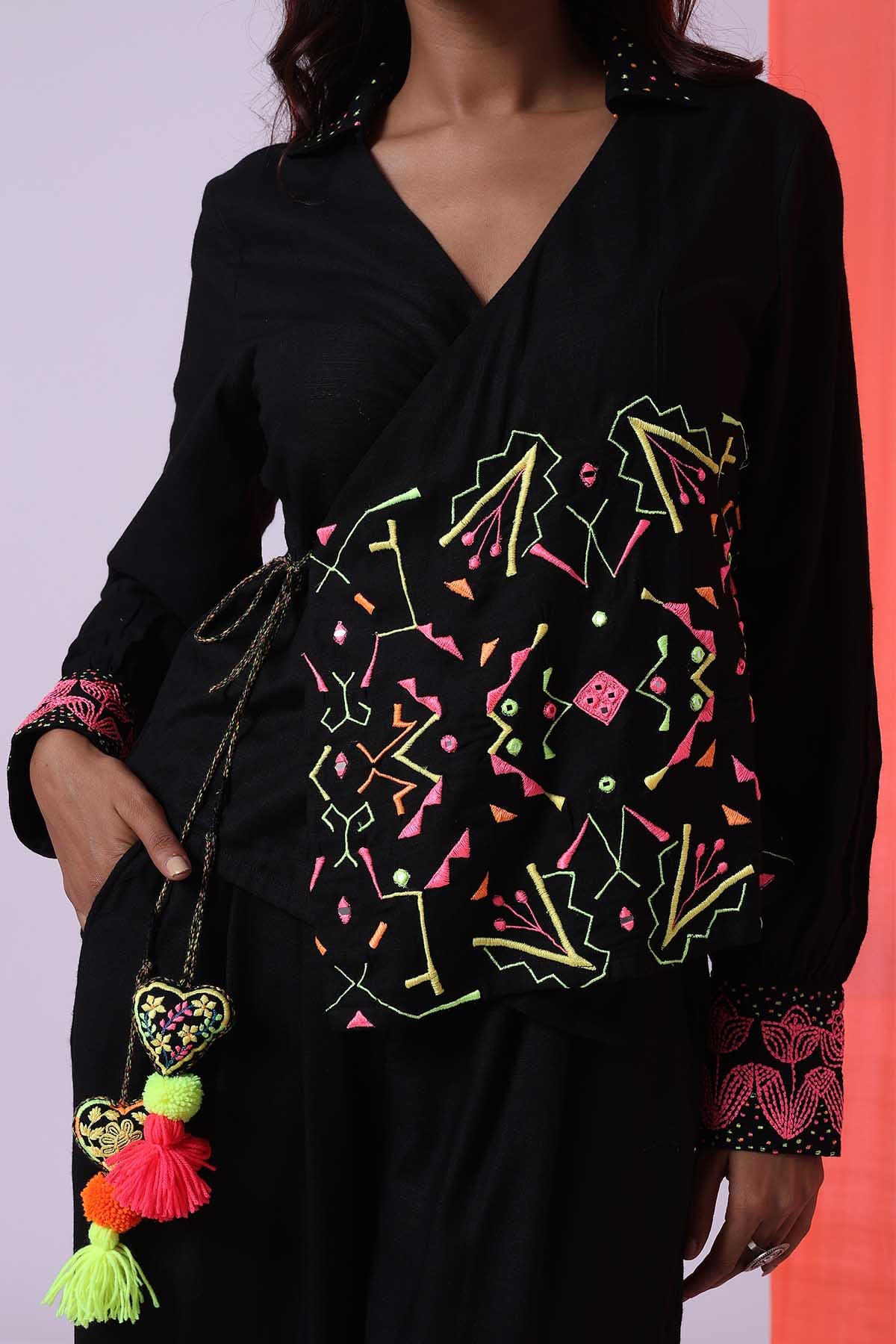 Embroidered Black Top & Trousers