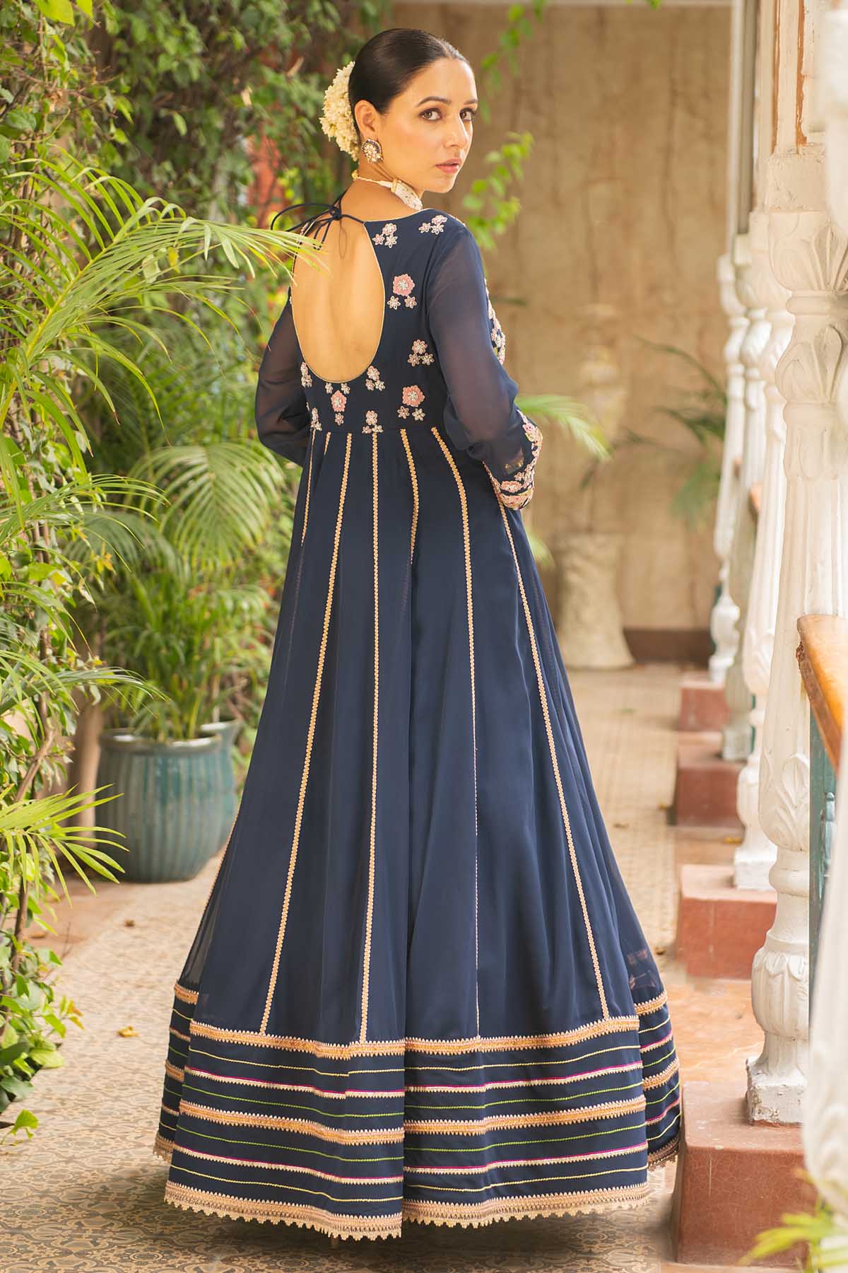 Navy Blue Georgette Anarkali Set