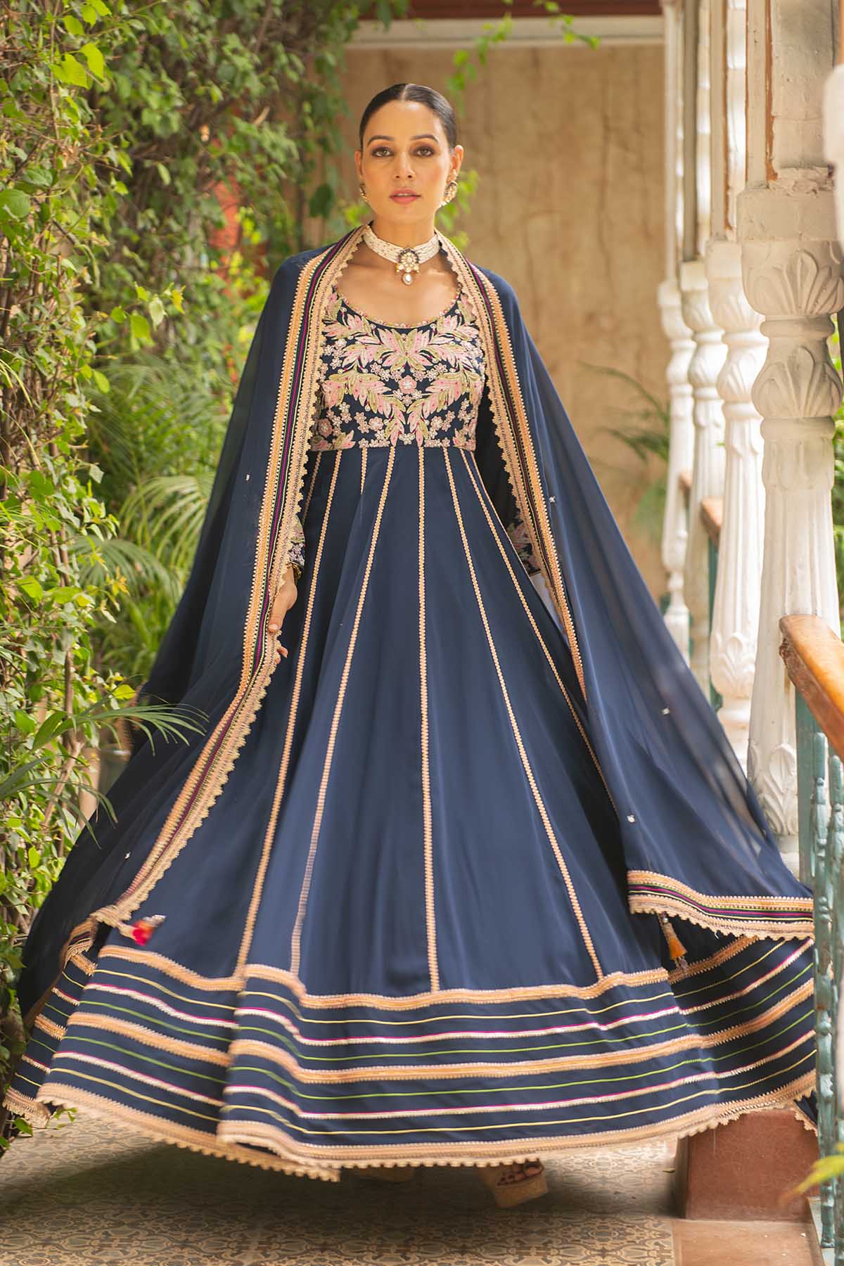 Navy Blue Georgette Anarkali Set
