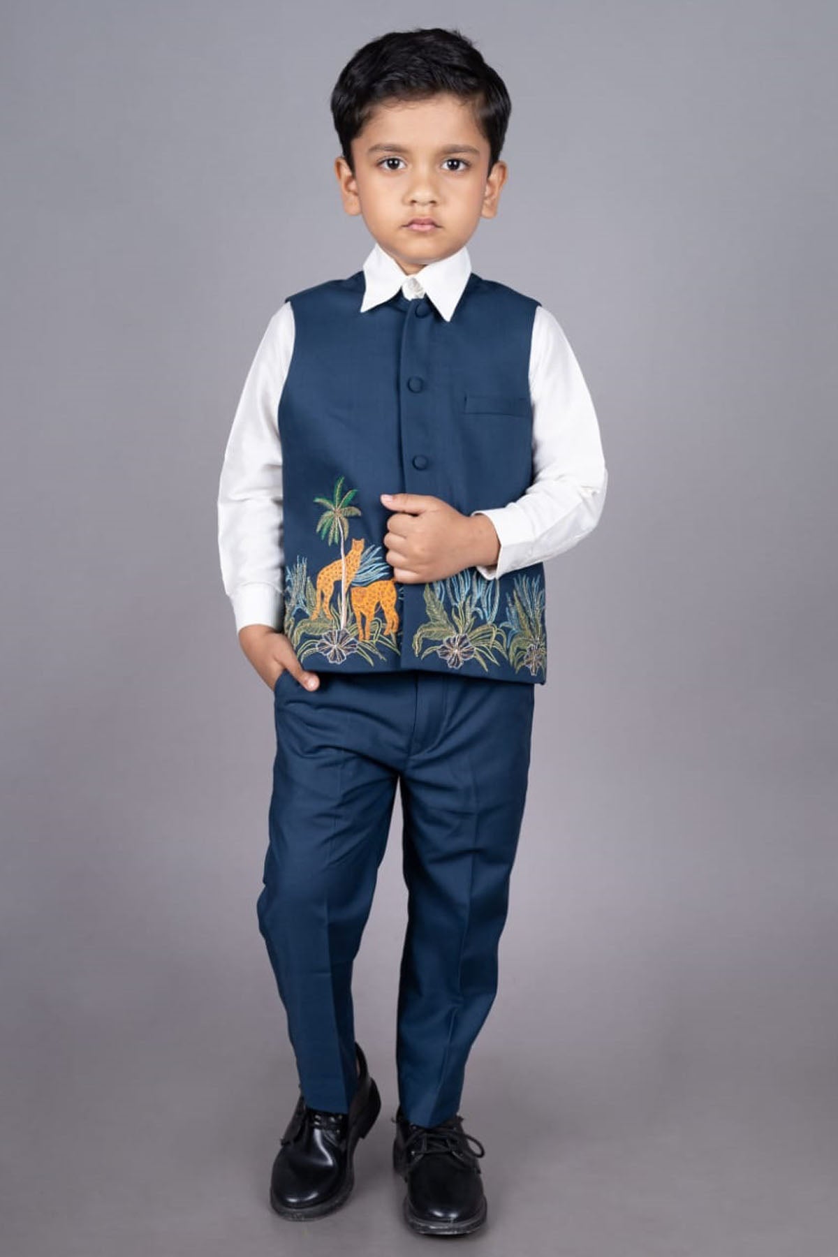 Little Brats Embroidered Blue Bandhgala Set for boy online at ScrollnShops