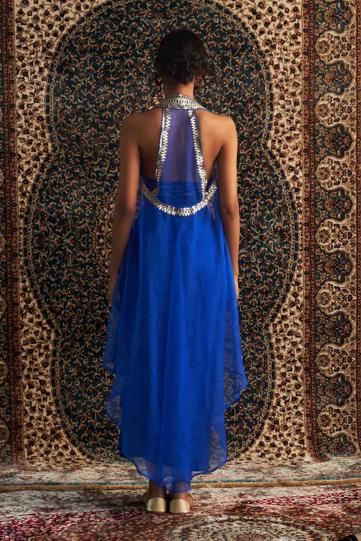 Embroidered Blue Drape Skirt Set