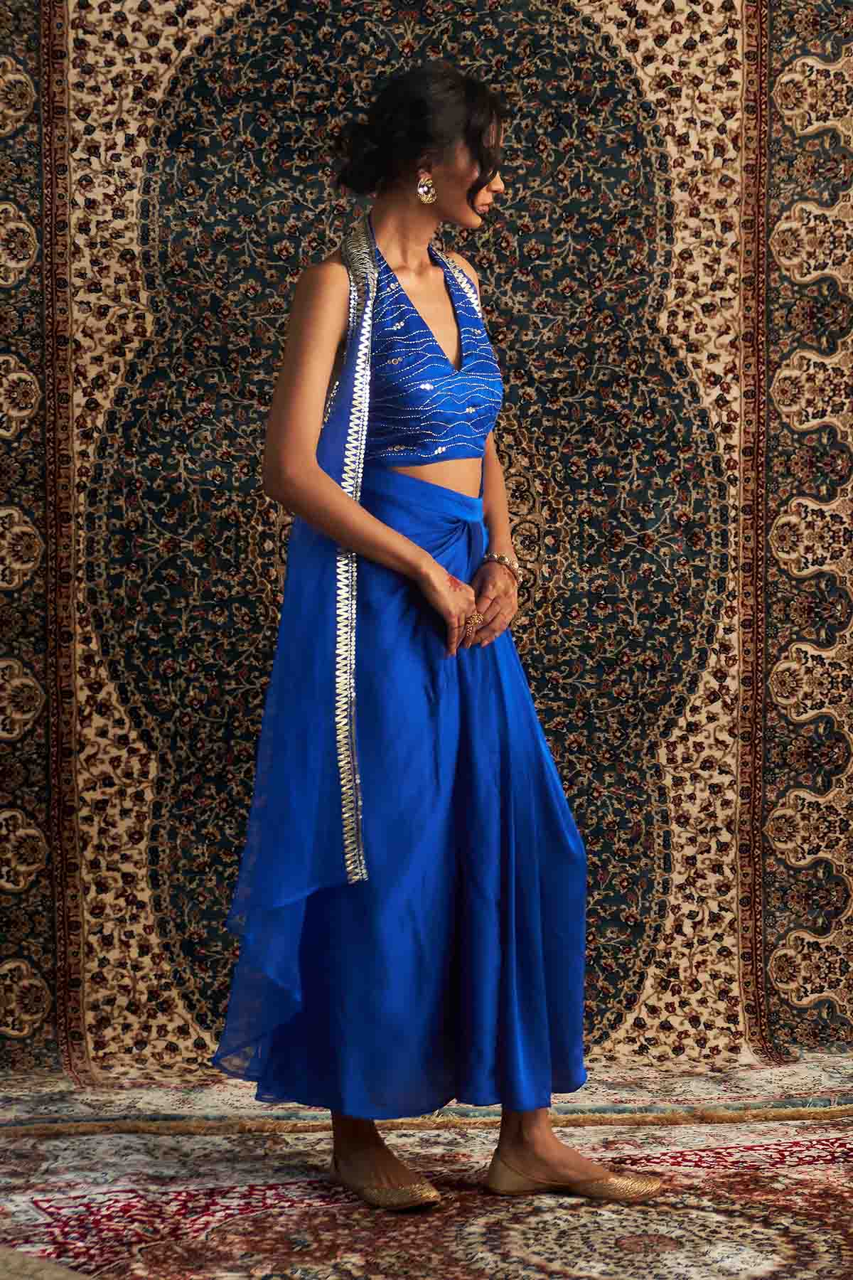 Embroidered Blue Drape Skirt Set
