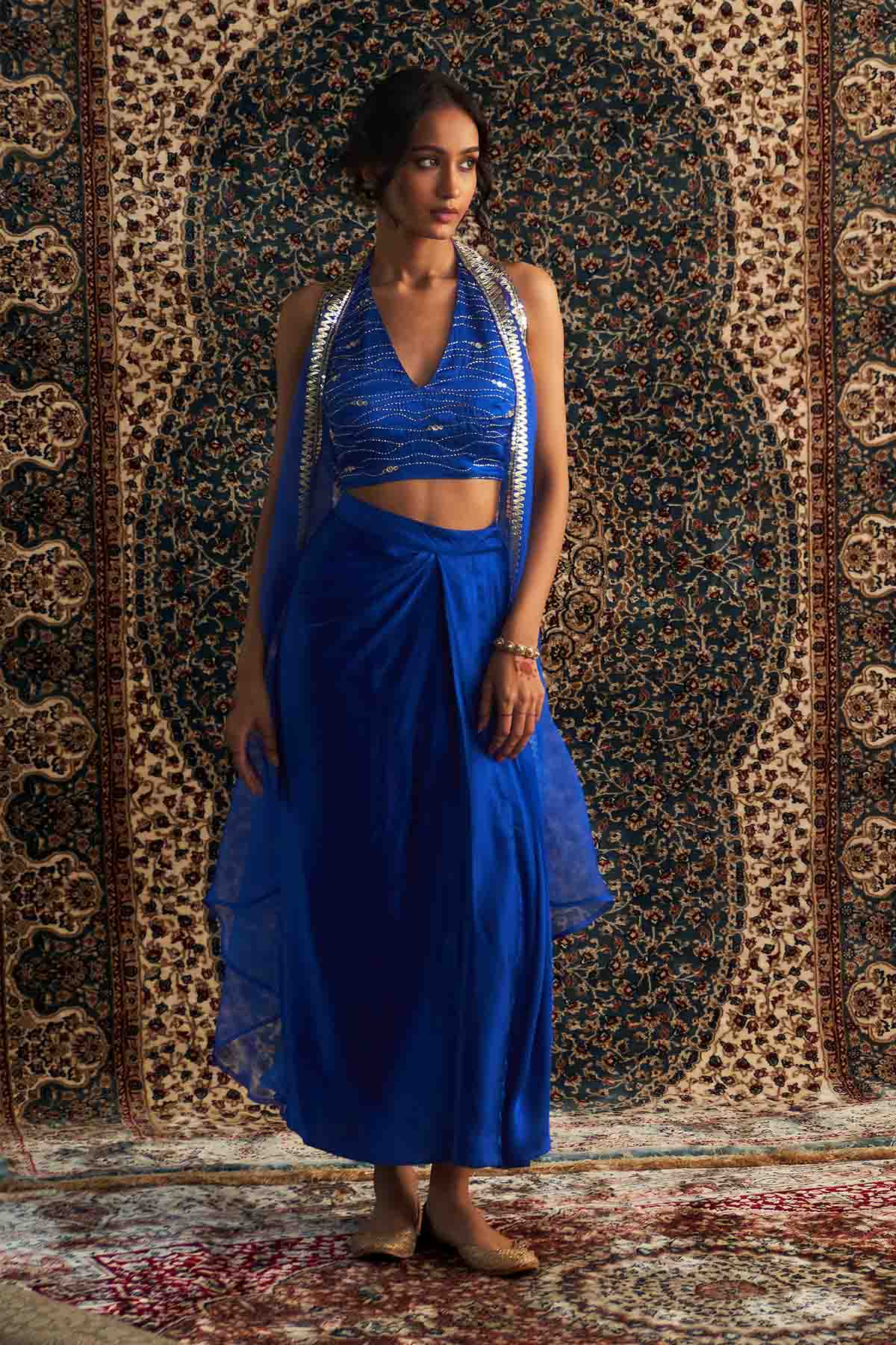 Buy Embroidered Blue Drape Skirt Set by Charkhee for women online at ScrollnShops