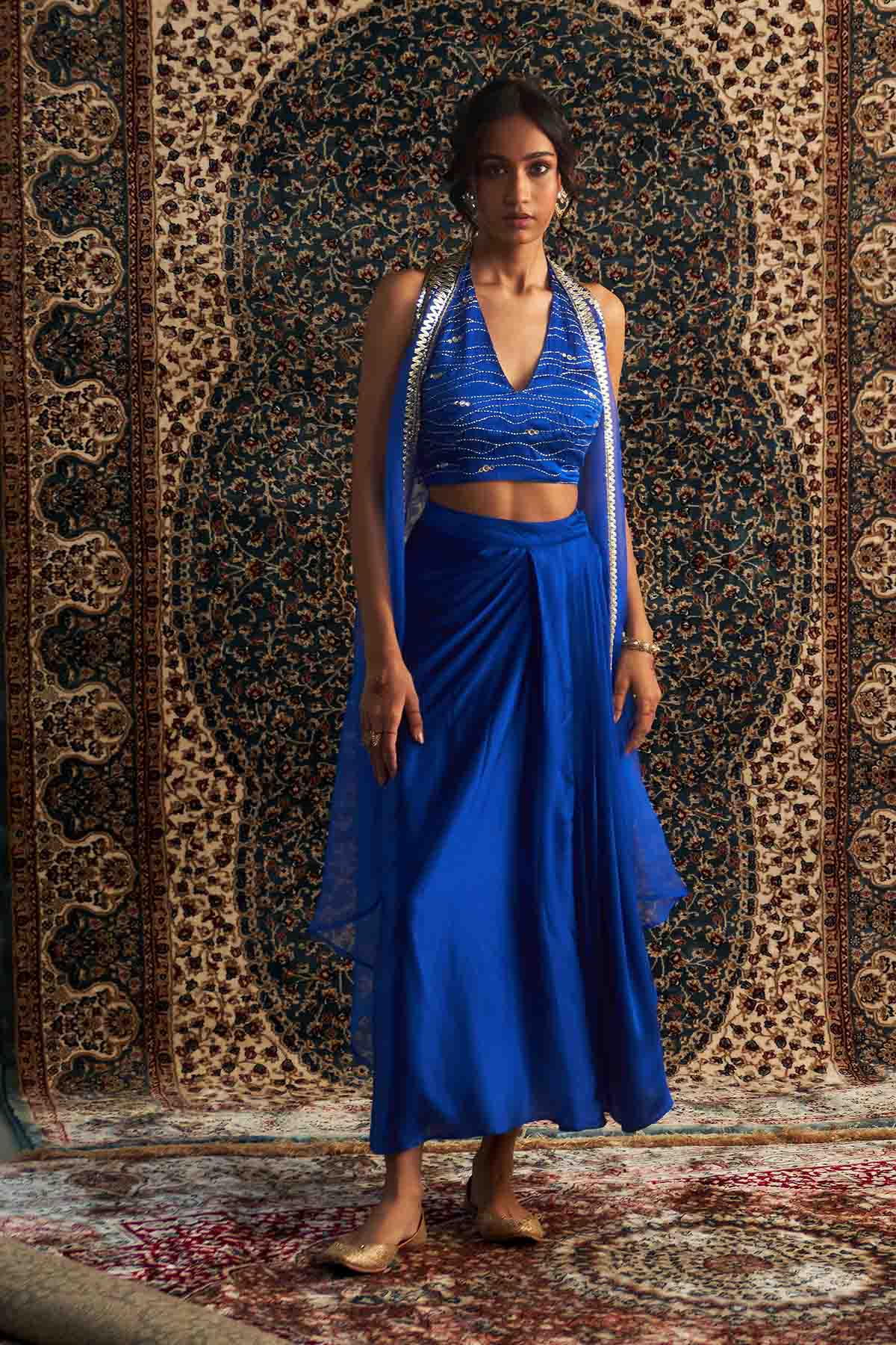 Embroidered Blue Drape Skirt Set