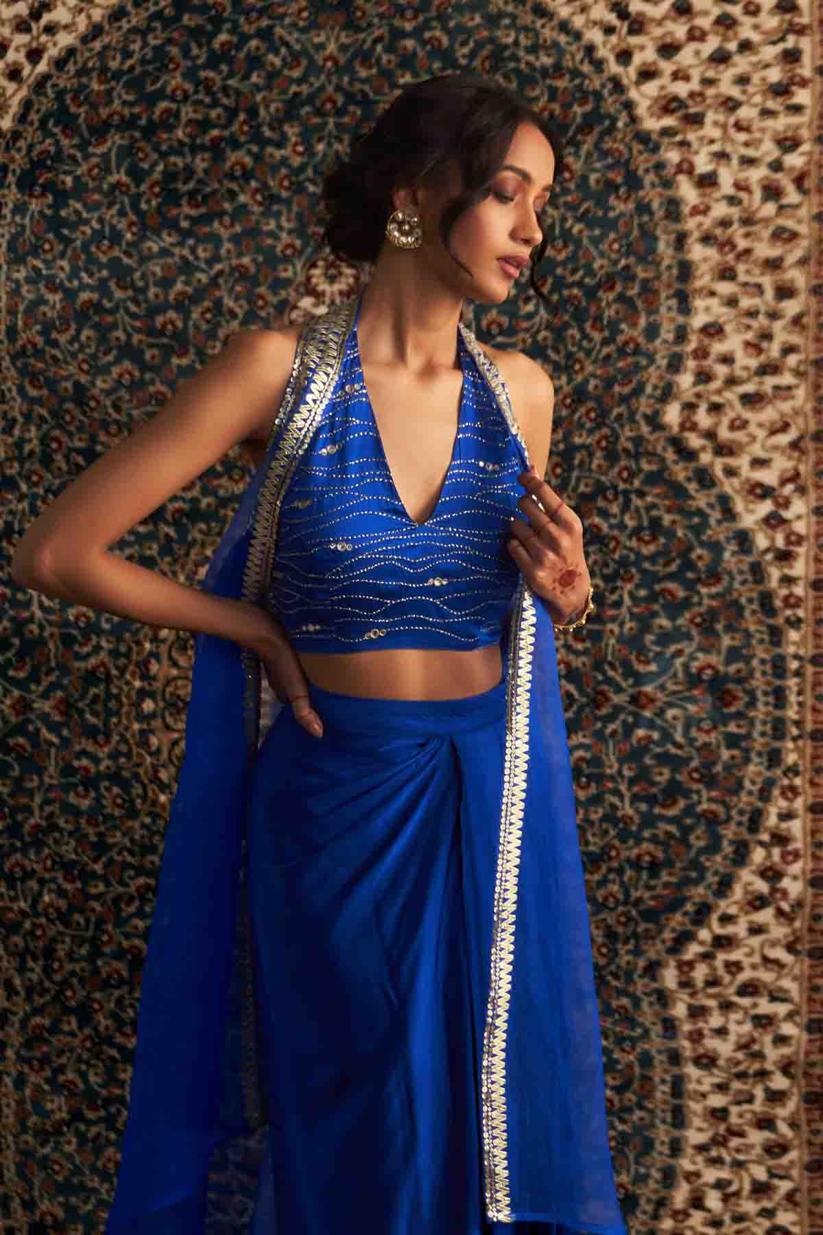 Embroidered Blue Drape Skirt Set