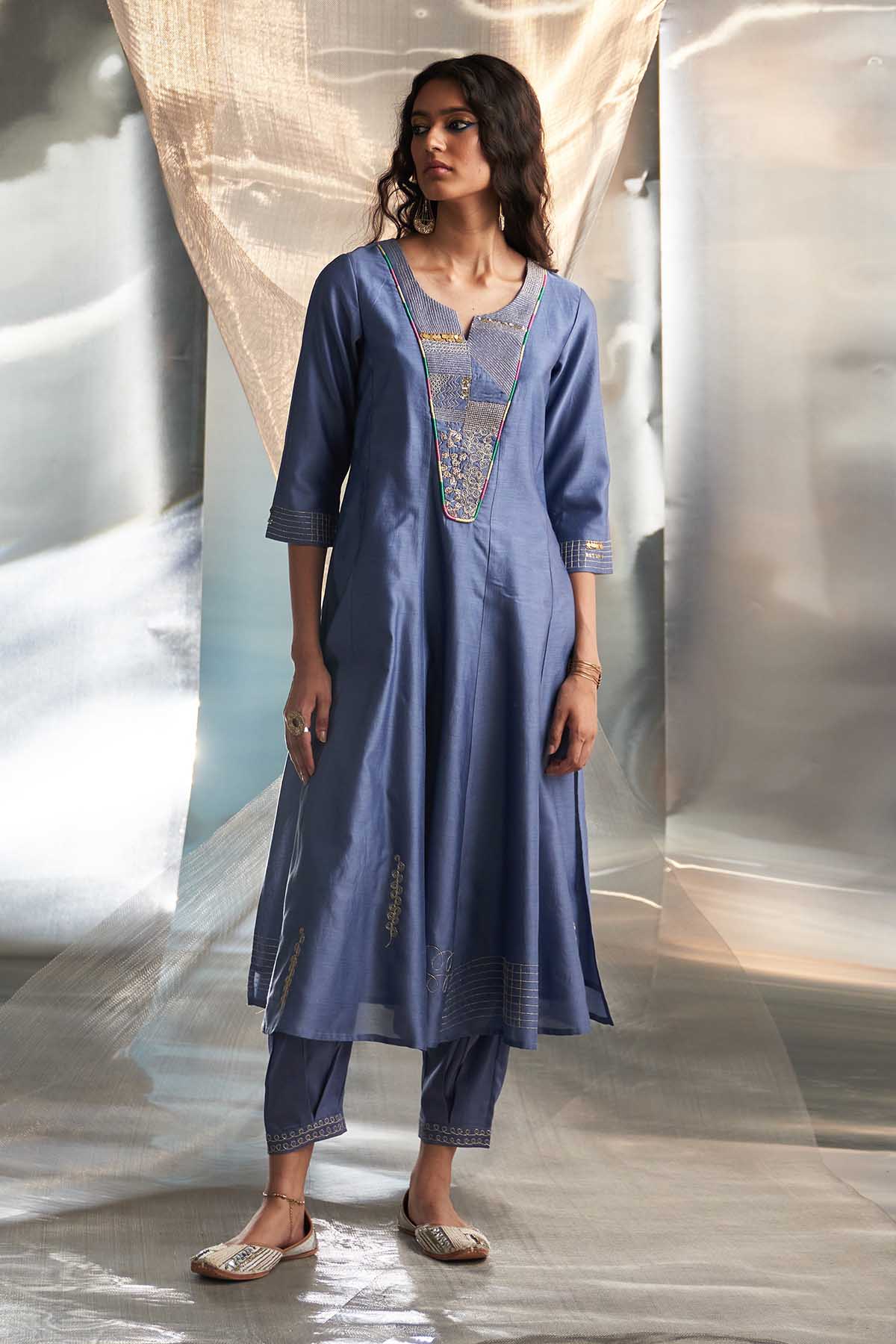Embroidered Blue Flare Kurta Set