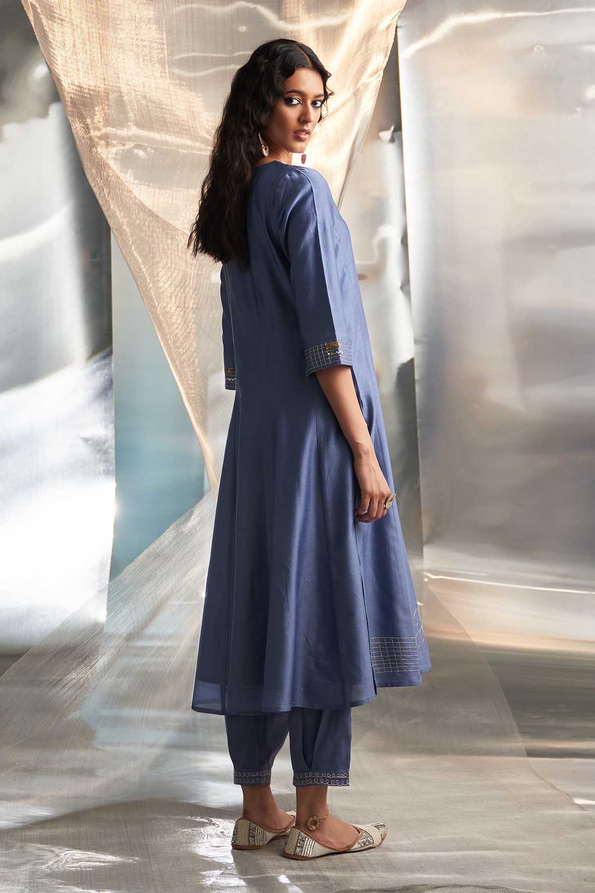 Embroidered Blue Flare Kurta Set