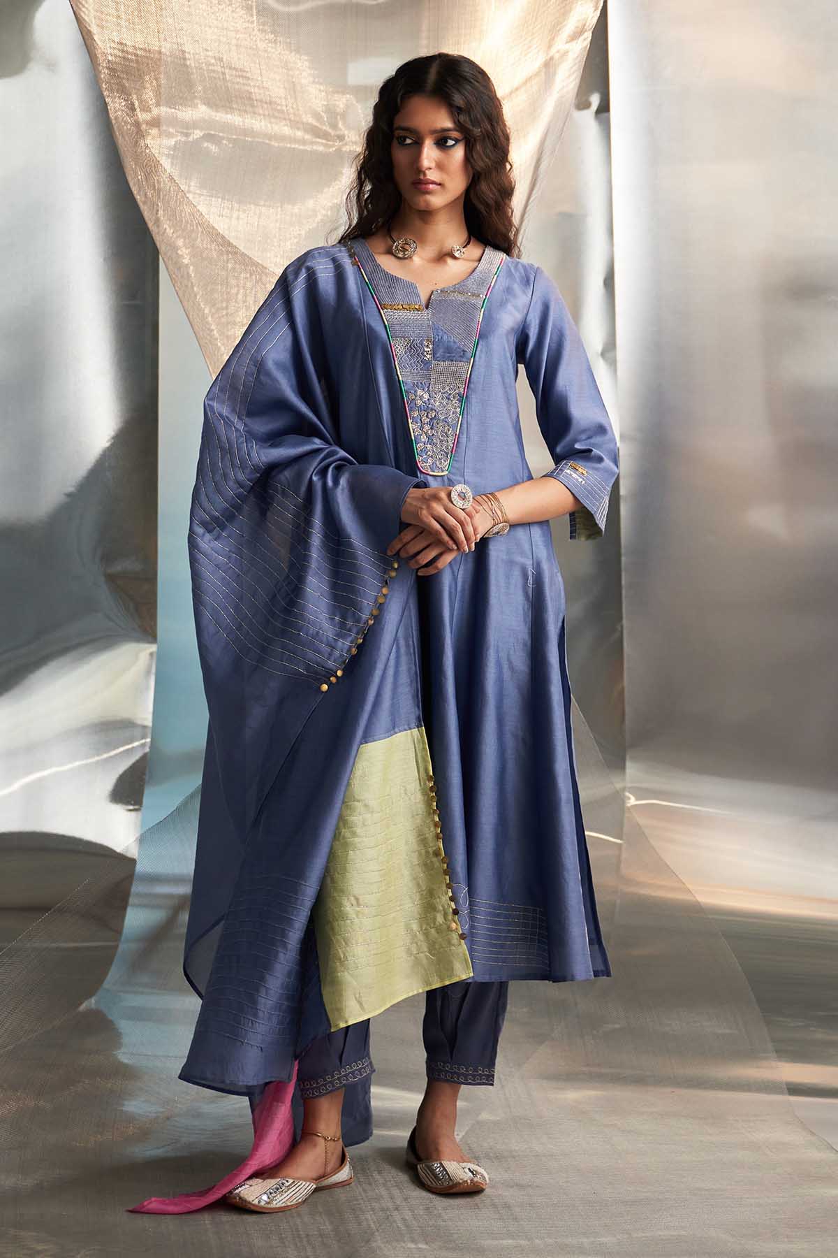 Embroidered Blue Flare Kurta Set