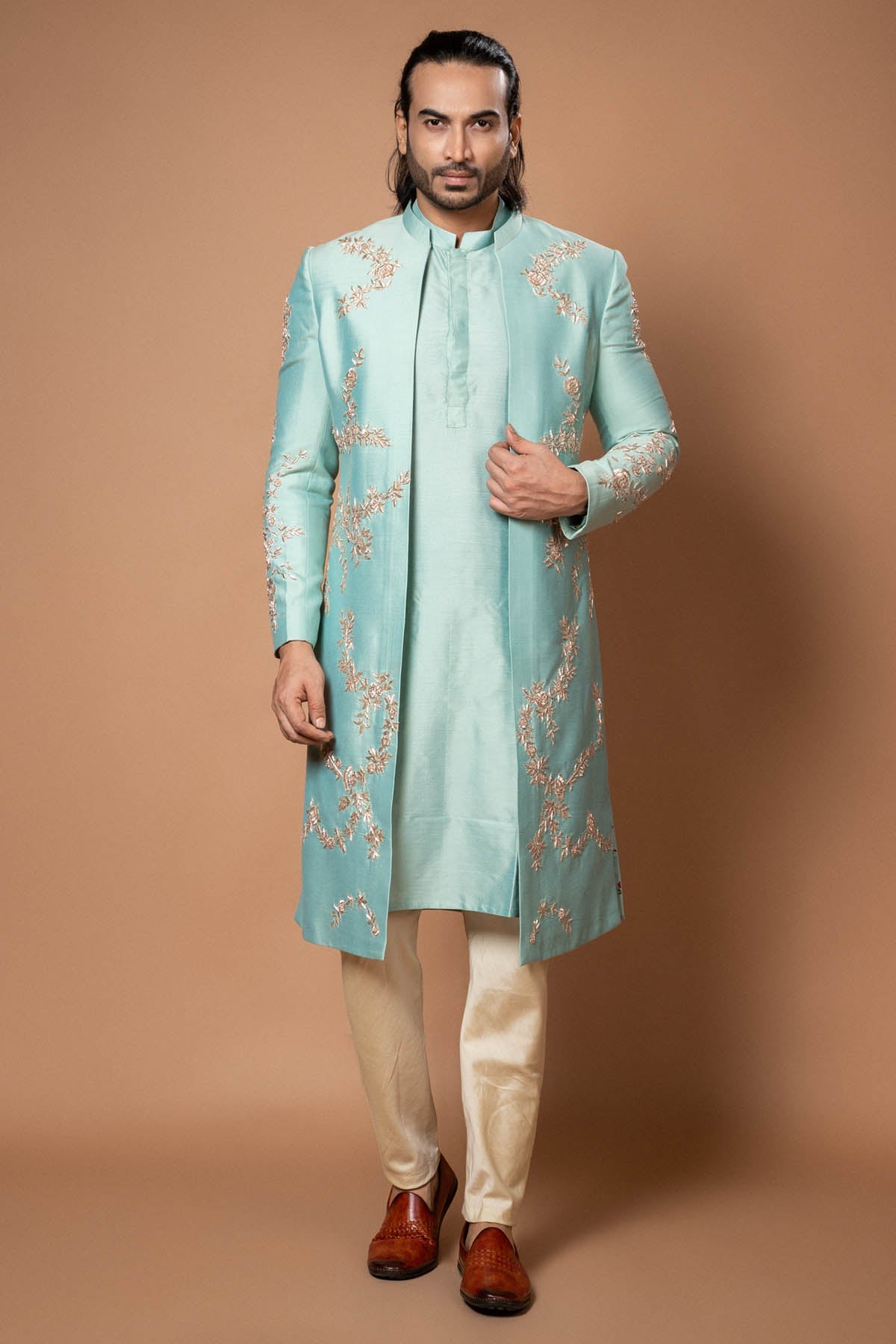 Priyanka Haralalka Embroidered Blue Sherwani Set for men online at ScrollnShops