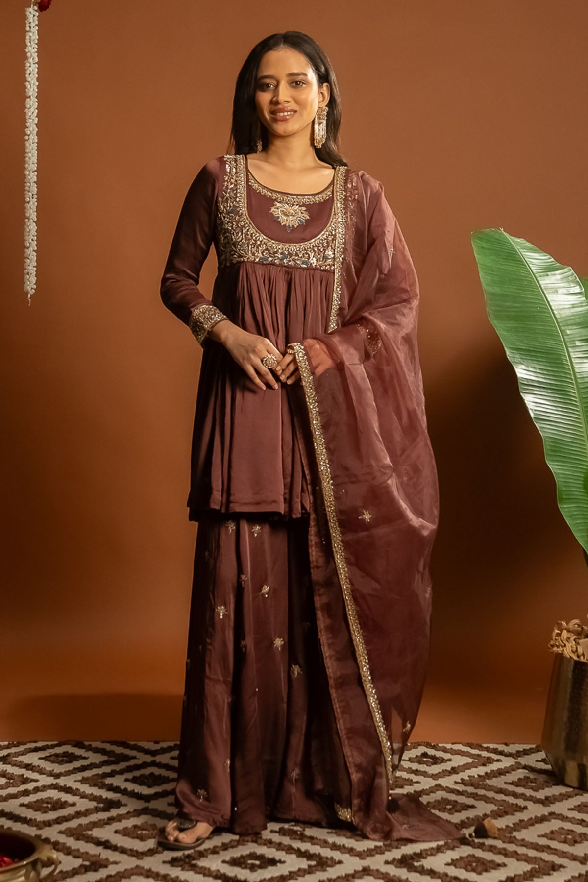 Buy Embroidered Brown Sharara Set by Aavya for women online at ScrollnShops