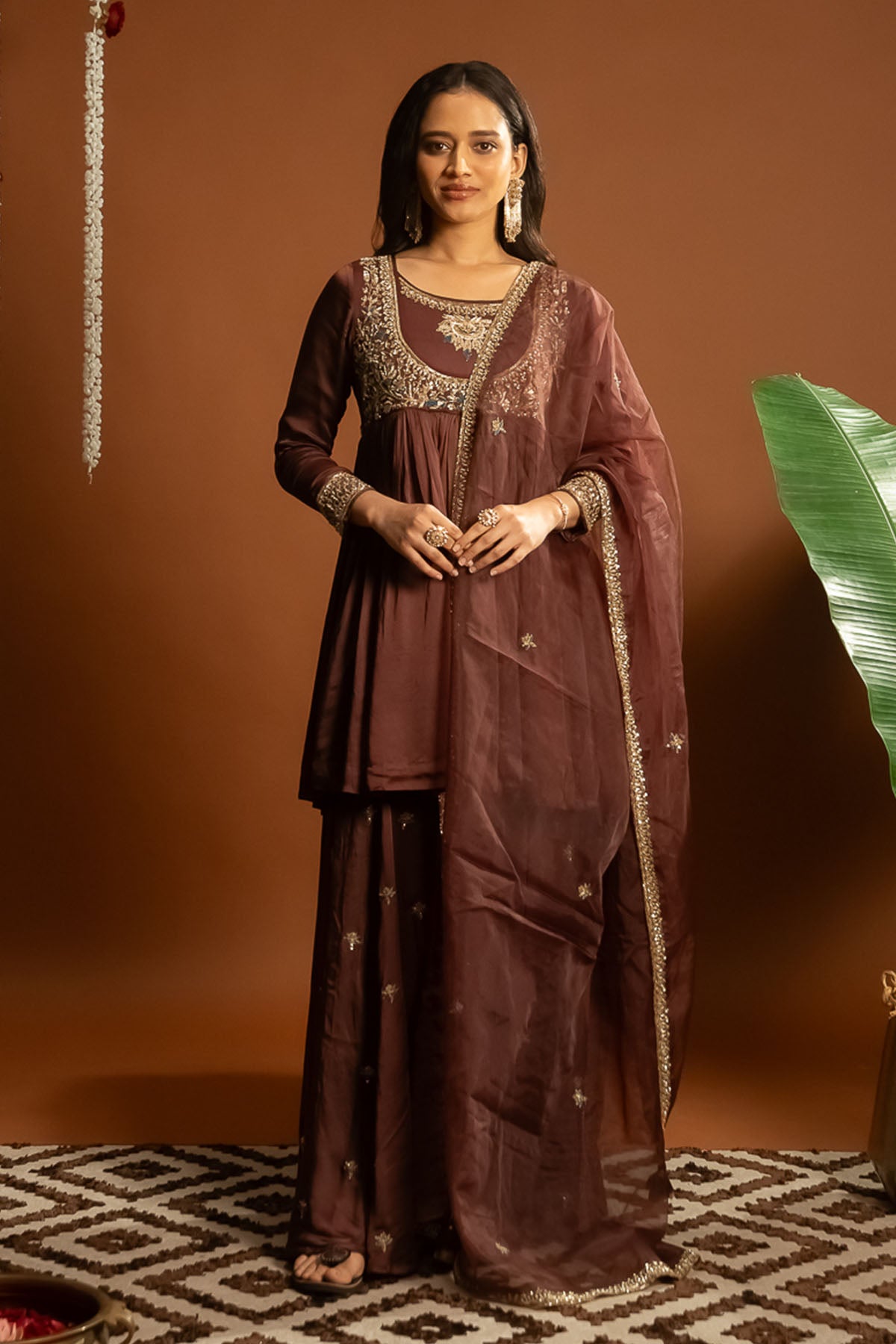 Embroidered Brown Sharara Set