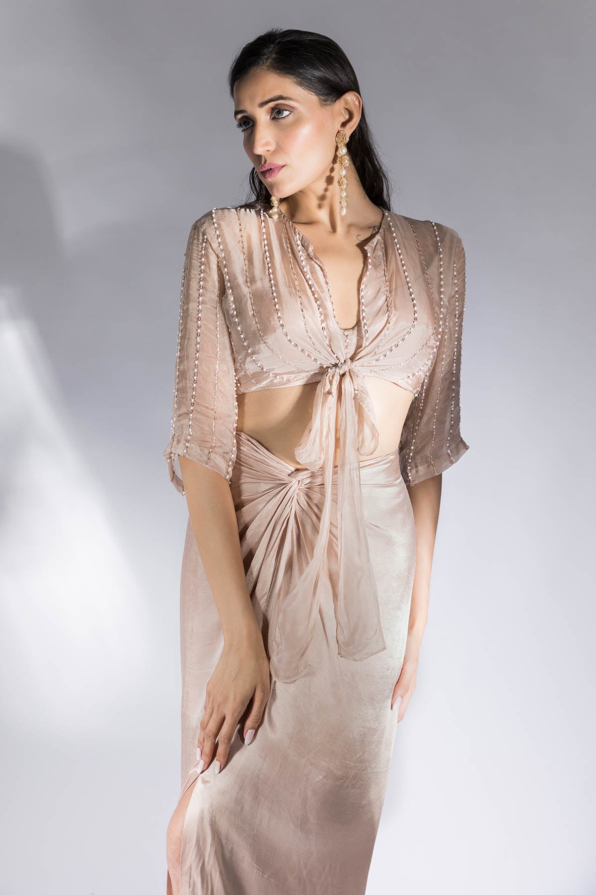 Embroidered Brown Top & Skirt