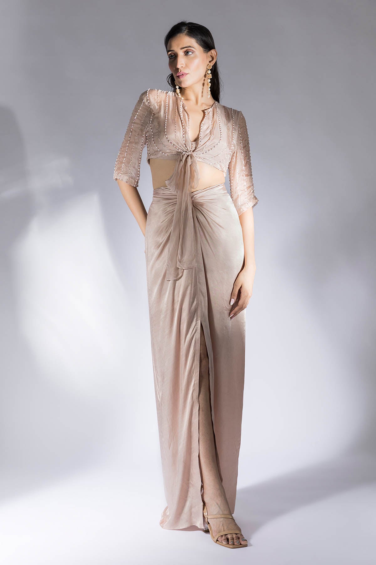 Embroidered Brown Top & Skirt