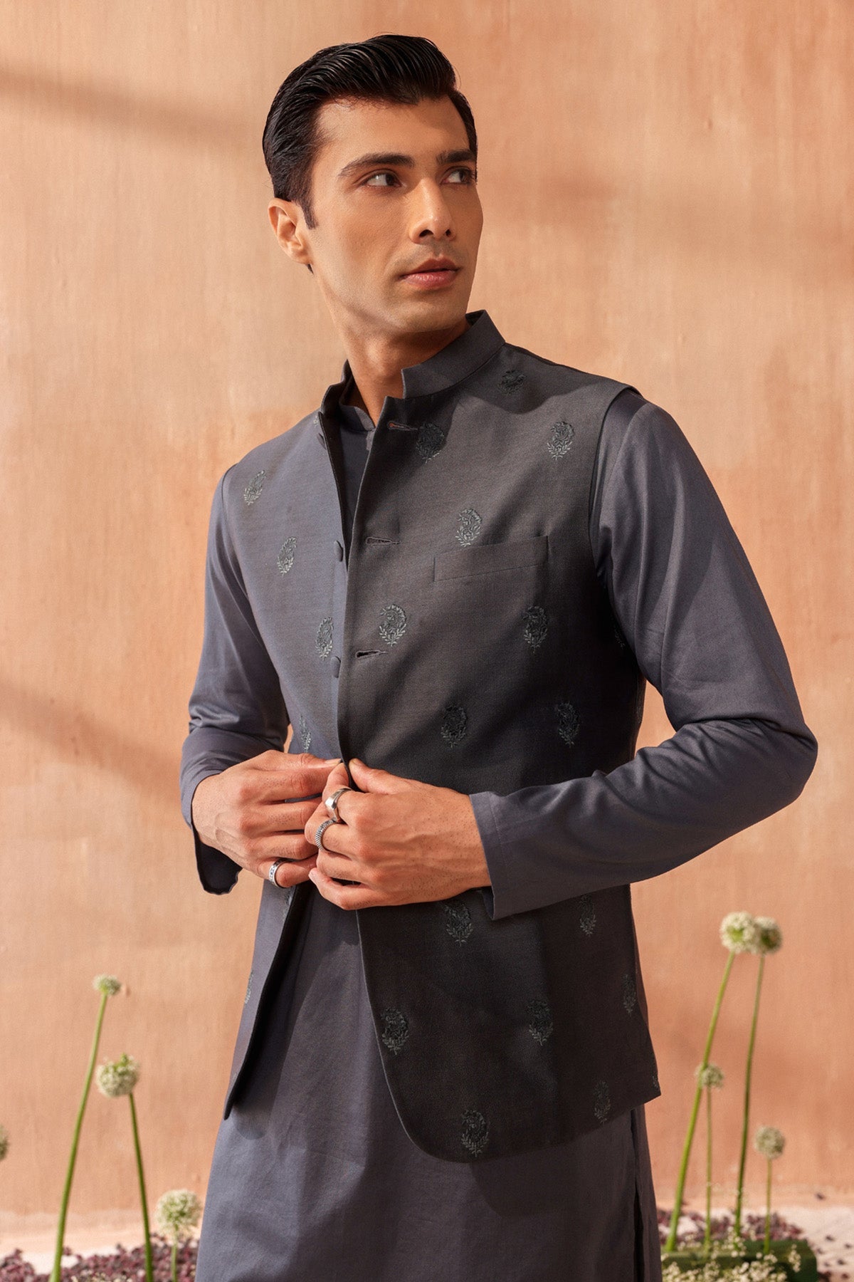 Buy Embroidered Chanderi Silk Bundi by Seema Nanda for men online at ScrollnShops