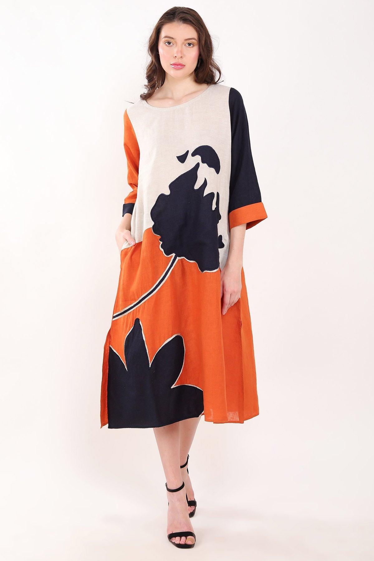 Linen Bloom Embroidered Color Block Dress for women online at ScrollnShops