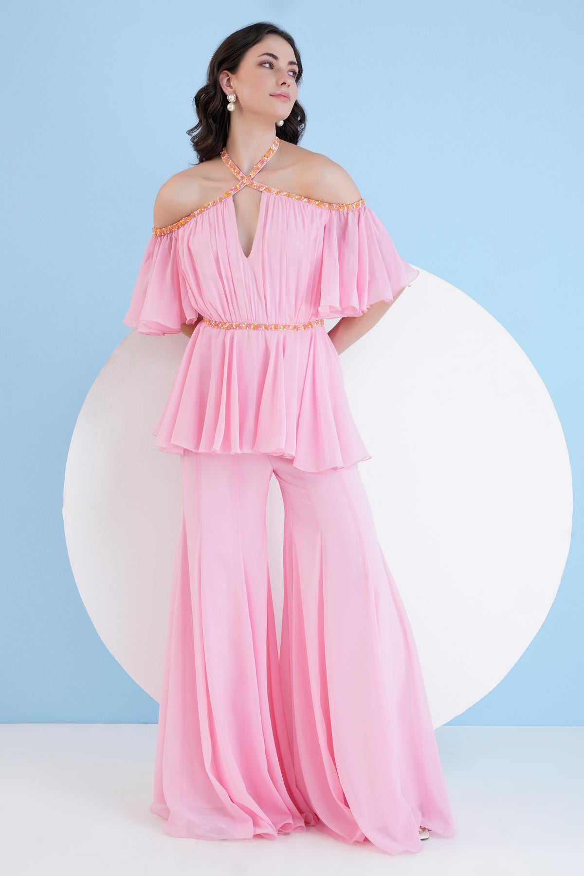 Buy Embroidered Cross Neck Jumpsuit by Mandira Wirk