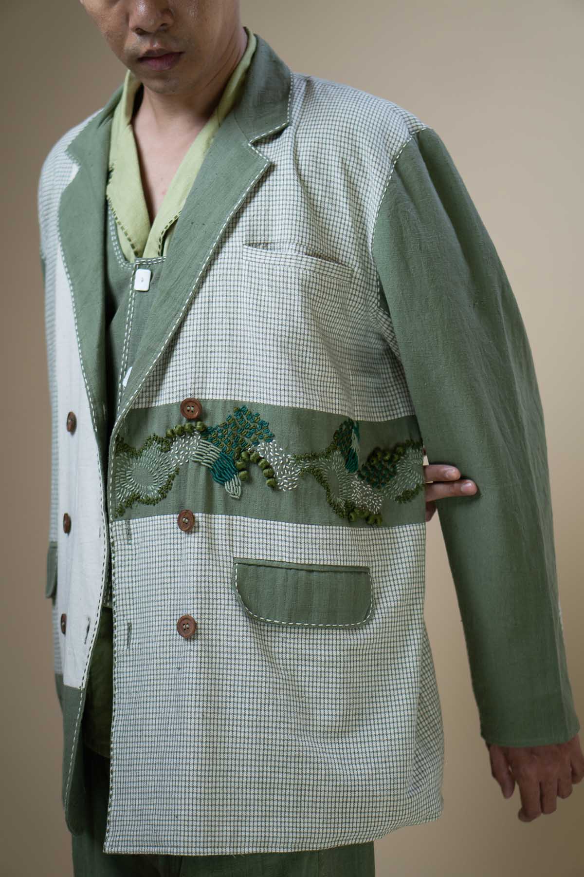 Embroidered Detail Olive Blazer